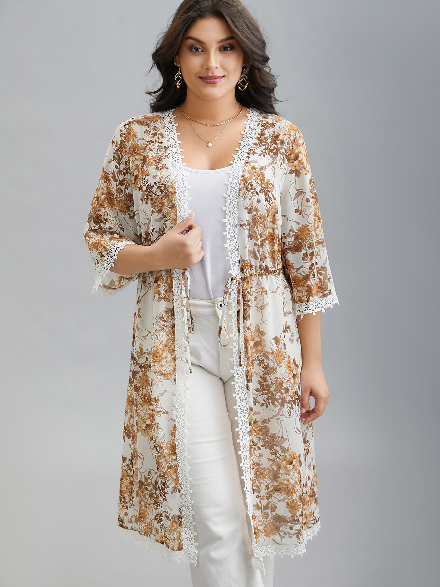 

Plus Size Chiffon Floral Print Lace Open-Front Kimono Women Originalwhite Elegant Woven ribbon&lace trim Everyday Kimonos BloomChic