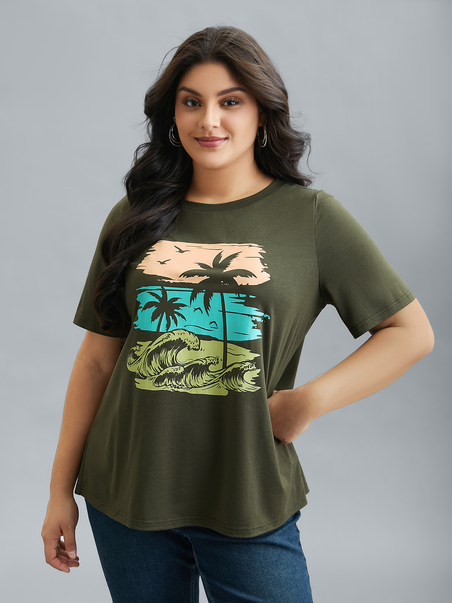 

Plus Size Vacation Print Round Neck T-Shirt ArmyGreen Women Casual Non Tropical Round Neck Everyday T-shirts BloomChic