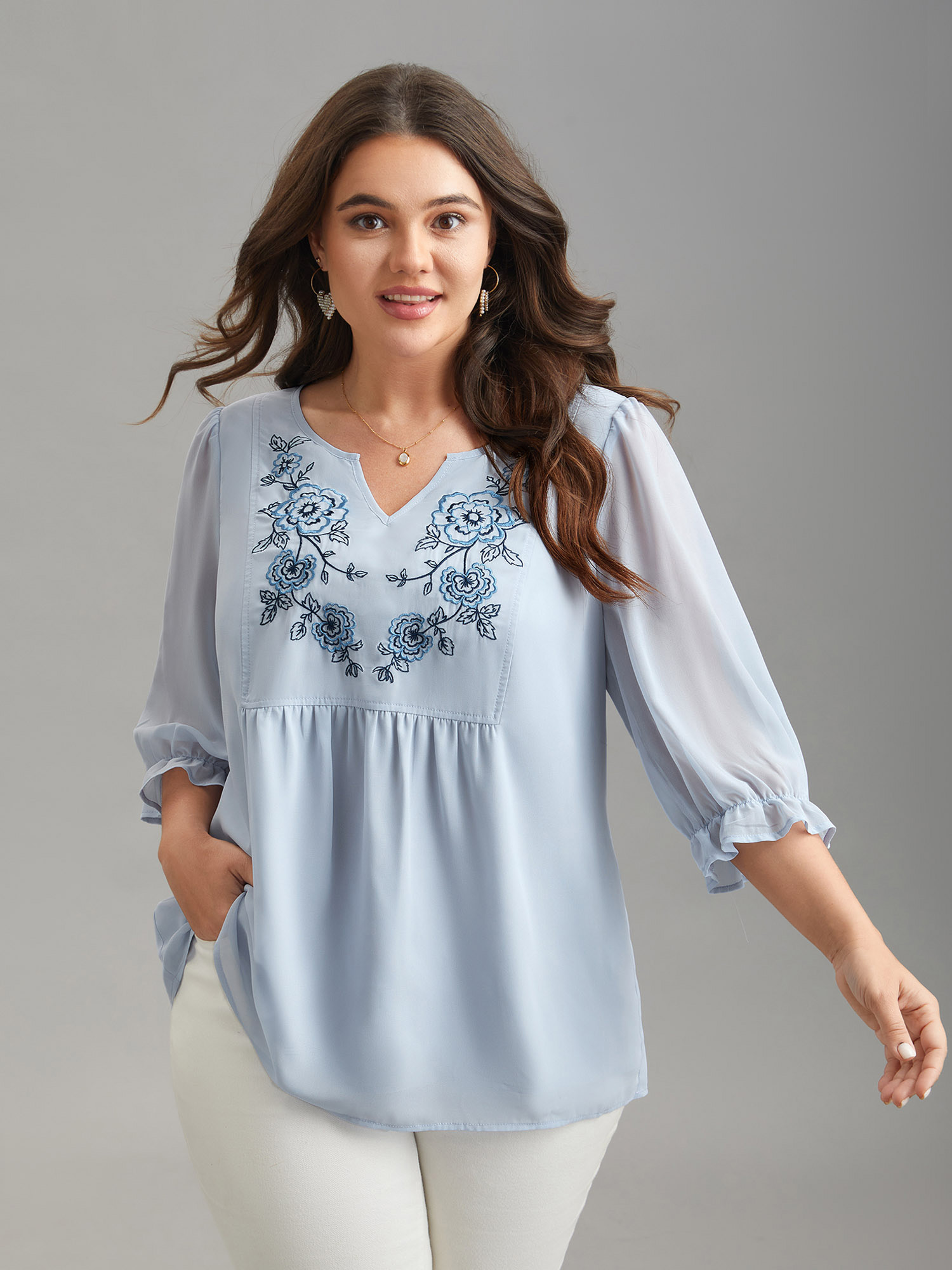 

Plus Size LightBlue Chiffon Embroidery Puff Sleeve Pleated Shirt Women Elegant Elbow-length sleeve Notched collar Everyday Blouses BloomChic