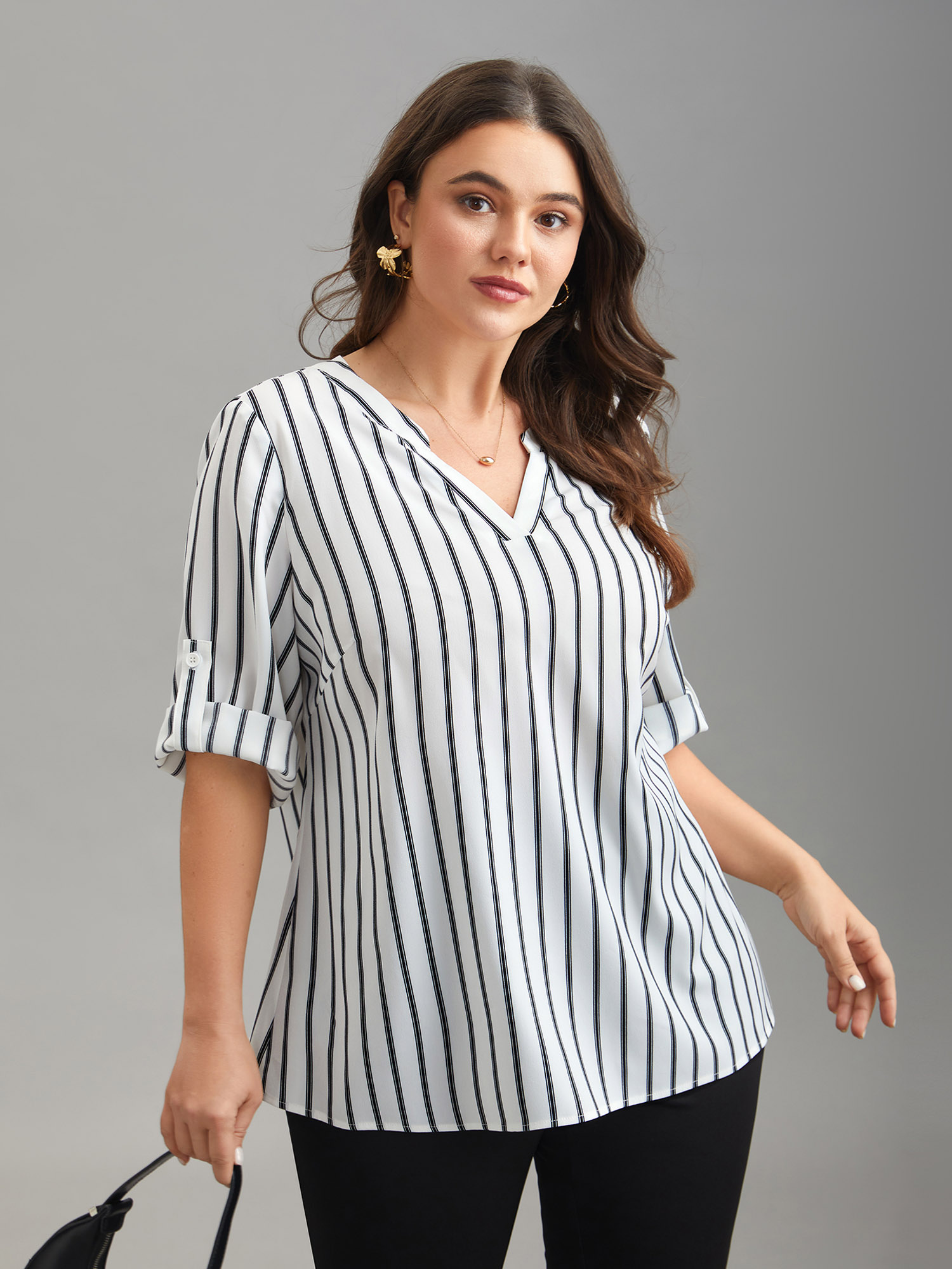 

Plus Size WhiteSmoke Notched Collar Striped Tab Sleeve Shirt Women At the Office Elbow-length sleeve Notched collar Work Blouses BloomChic