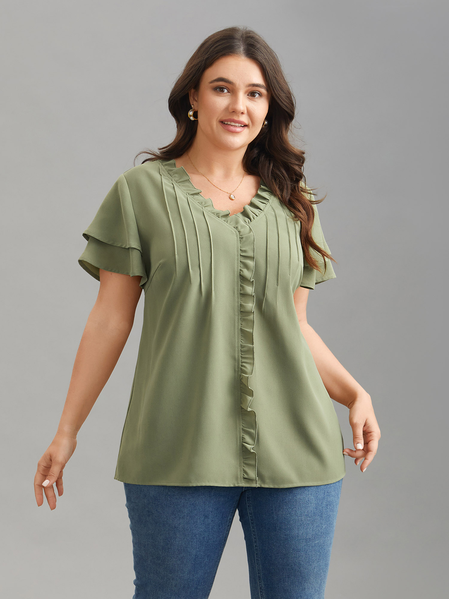 

Plus Size Sage Ruffled Neck Toothpick Pleats Lotus Leaf Sleeve Shirt Women Elegant Short sleeve V-neck Everyday Blouses BloomChic