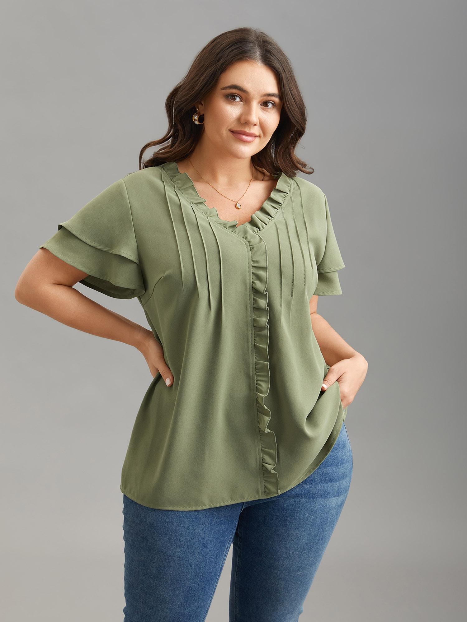 

Plus Size Sage Ruffled Neck Toothpick Pleats Lotus Leaf Sleeve Shirt Women Elegant Short sleeve V-neck Everyday Blouses BloomChic