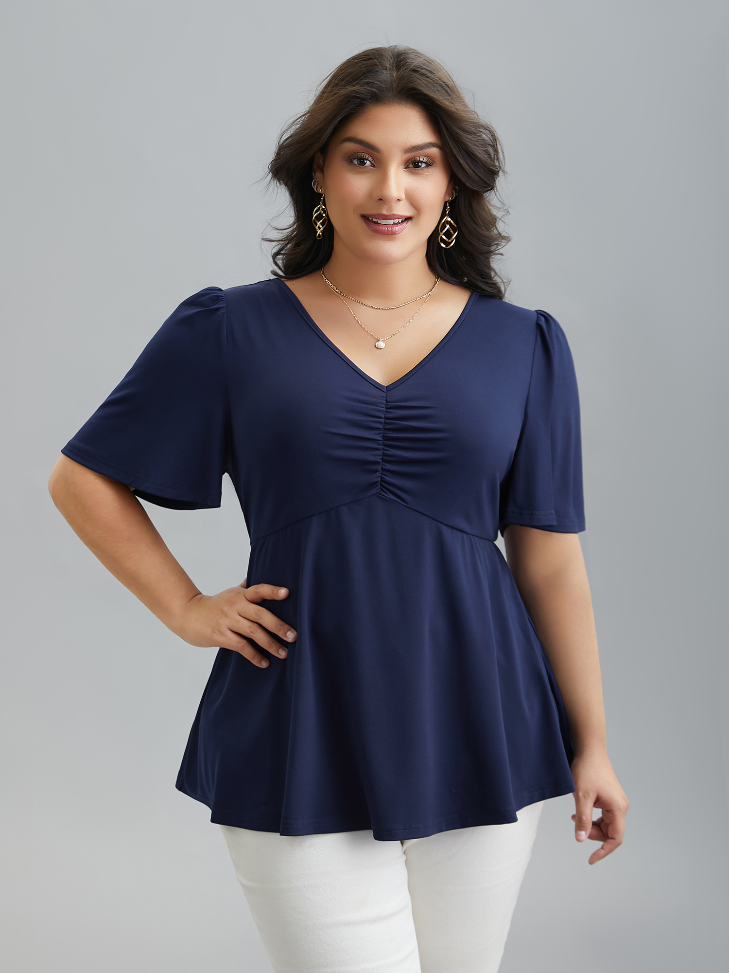 

Plus Size Backless Bow Flutter Sleeve Knit Top Navy V-neck Short sleeve Elegant Jersey Tops