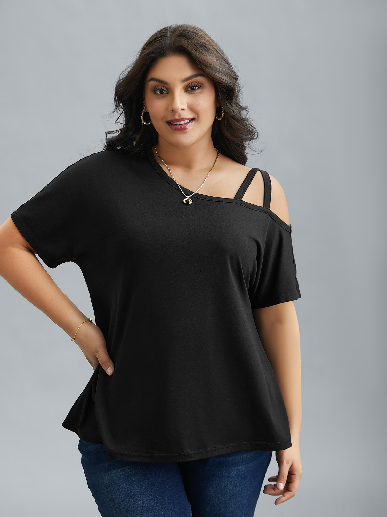 

Plus Size One-Shoulder Cami Fitted T-Shirt Black Women Elegant Non Asymmetrical Neck Everyday T-shirts BloomChic