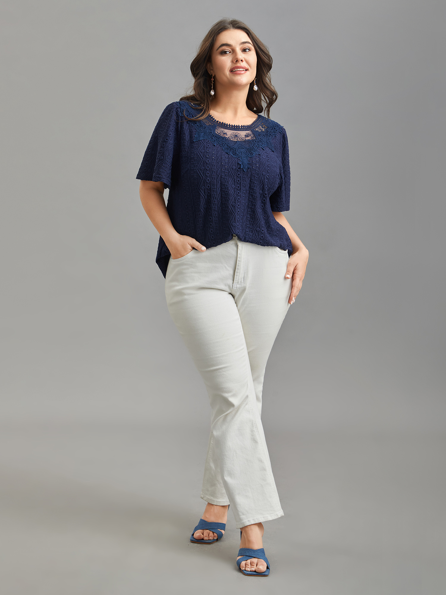 

Plus Size Lace Sheer Neck Textured Top Indigo Round Neck Short sleeve Elegant Jersey Tops