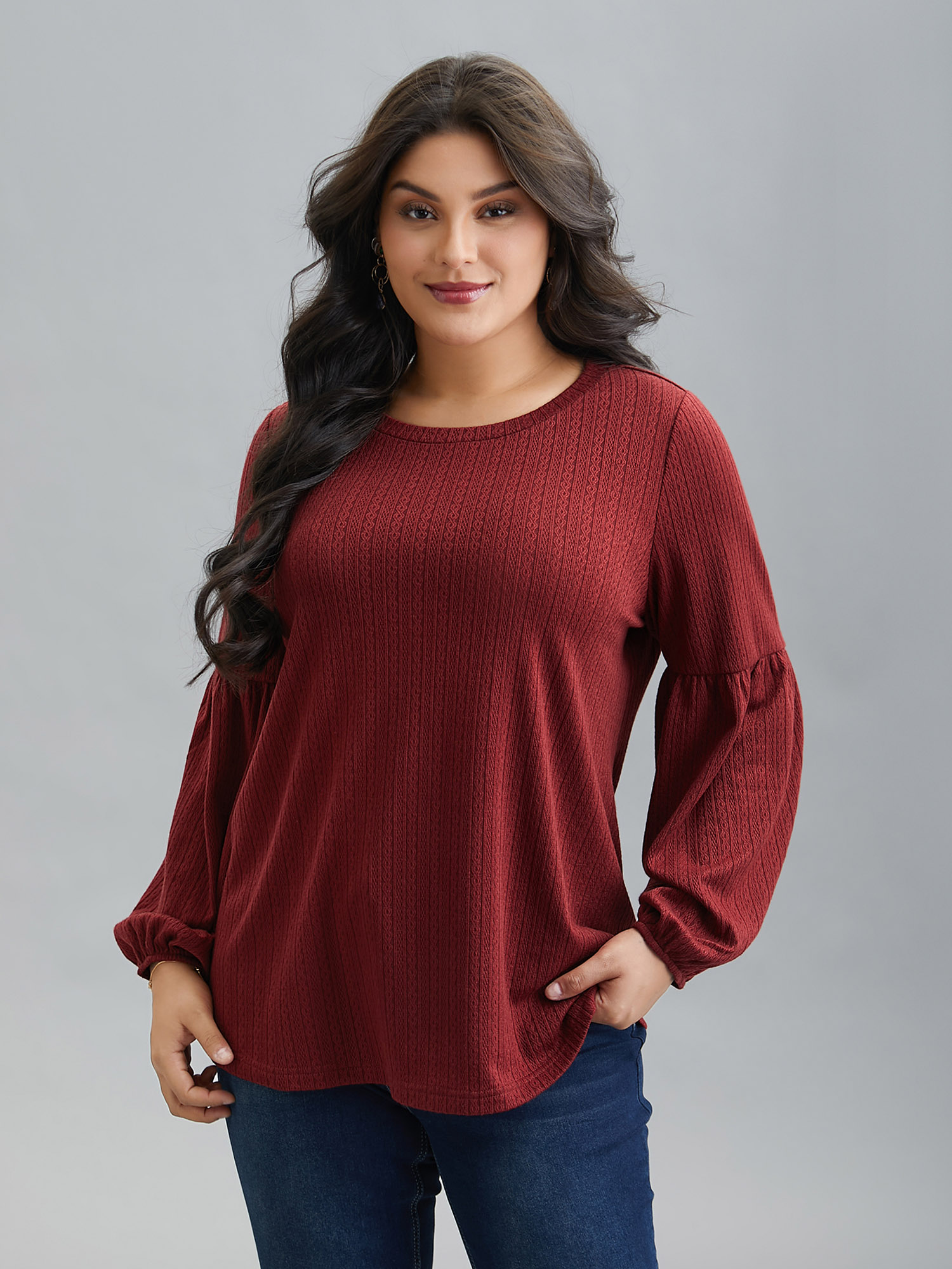 

Plus Size Balloon Sleeve Textured Round Neck T-Shirt Deepred Women Elegant Texture Round Neck Everyday T-shirts BloomChic