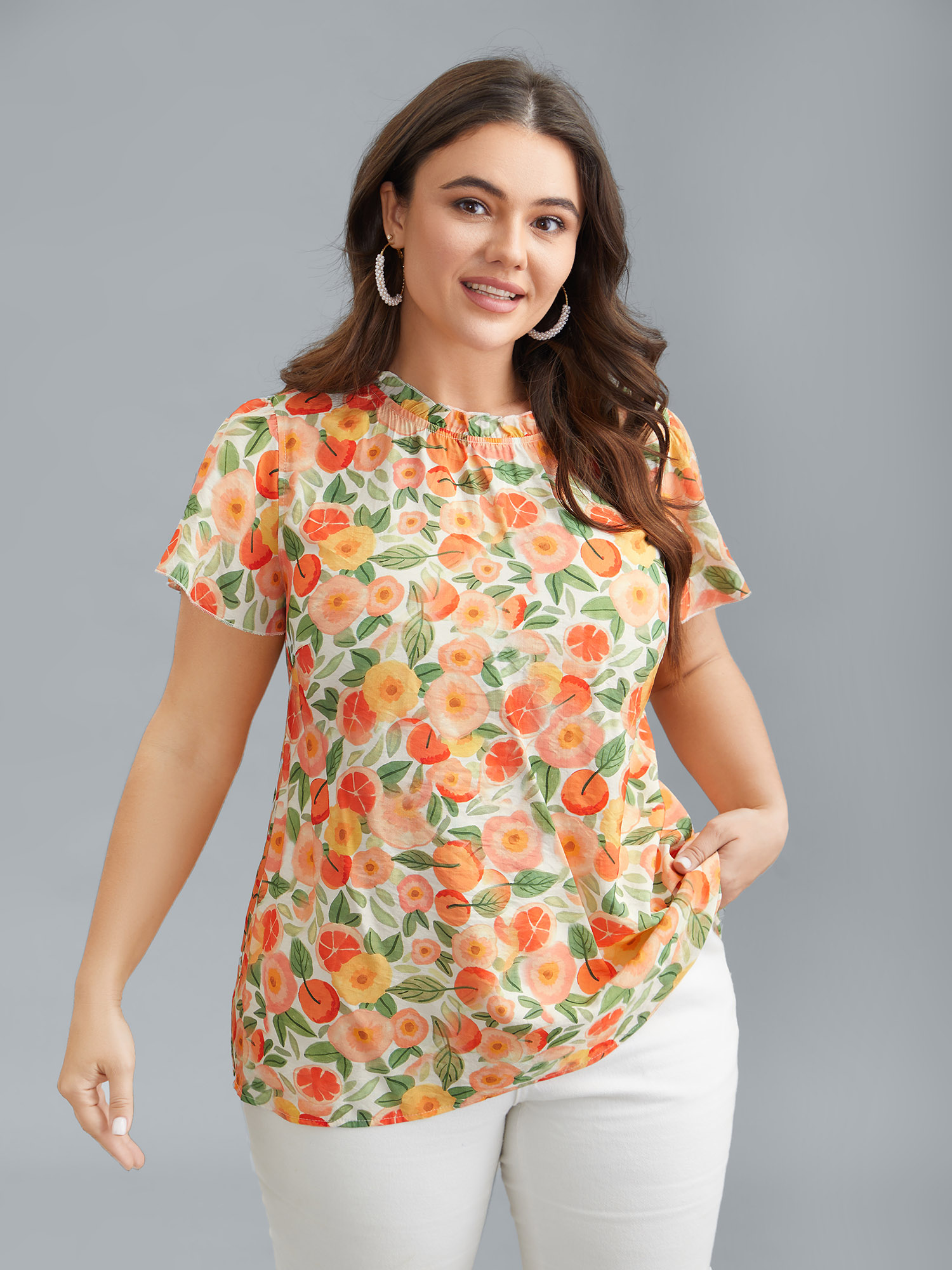 

Plus Size Multicolor Vacation Print Ruffled Fitted Shirt Women Resort Short sleeve Stand-up collar Vacation Blouses BloomChic