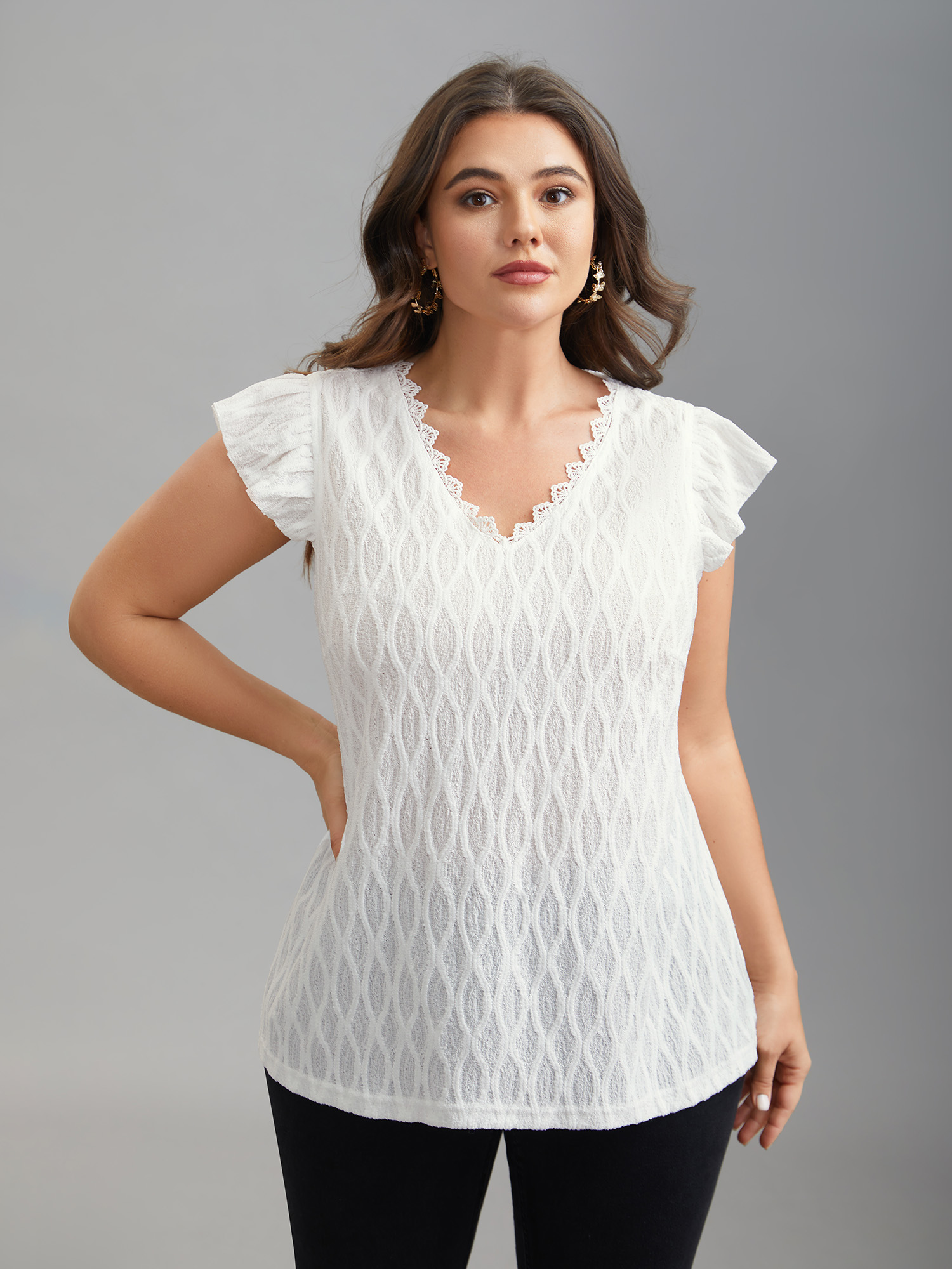 

Plus Size Textured Flutter Sleeve V-Neck Top Originalwhite V-neck Cap Sleeve Elegant Jersey Tops