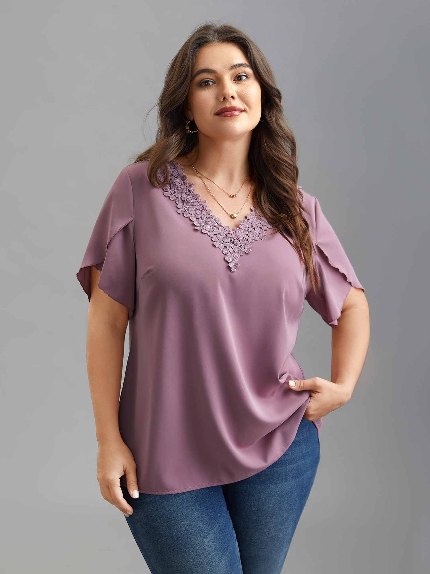 

Plus Size Lilac Lace V-Neck Petal Sleeve Shirt Women Elegant Short sleeve V-neck Everyday Blouses BloomChic