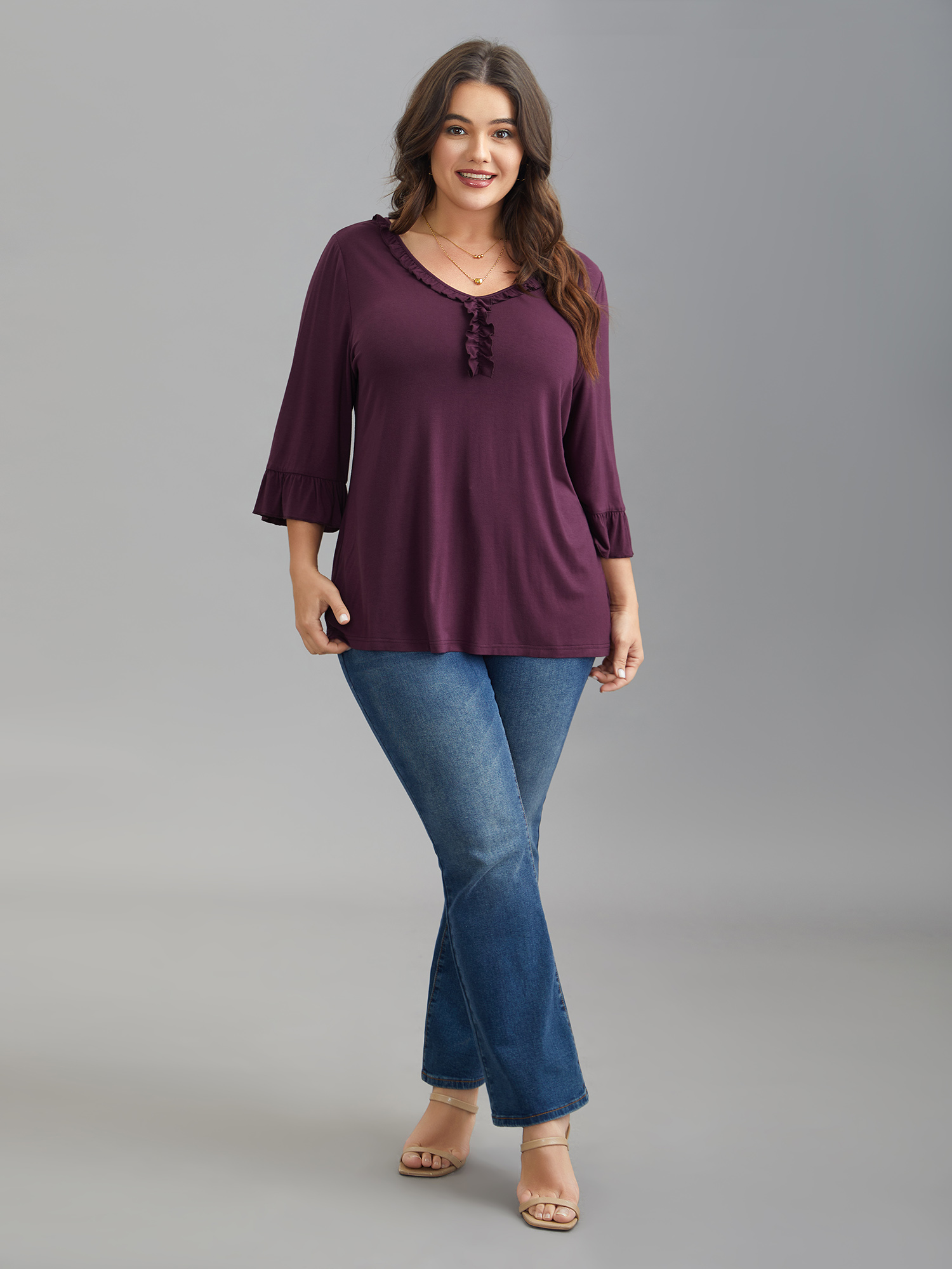 

Plus Size Wood-Ear Collar Ruffled Sleeve Top Plum V-neck Elbow-length sleeve Elegant Jersey Tops