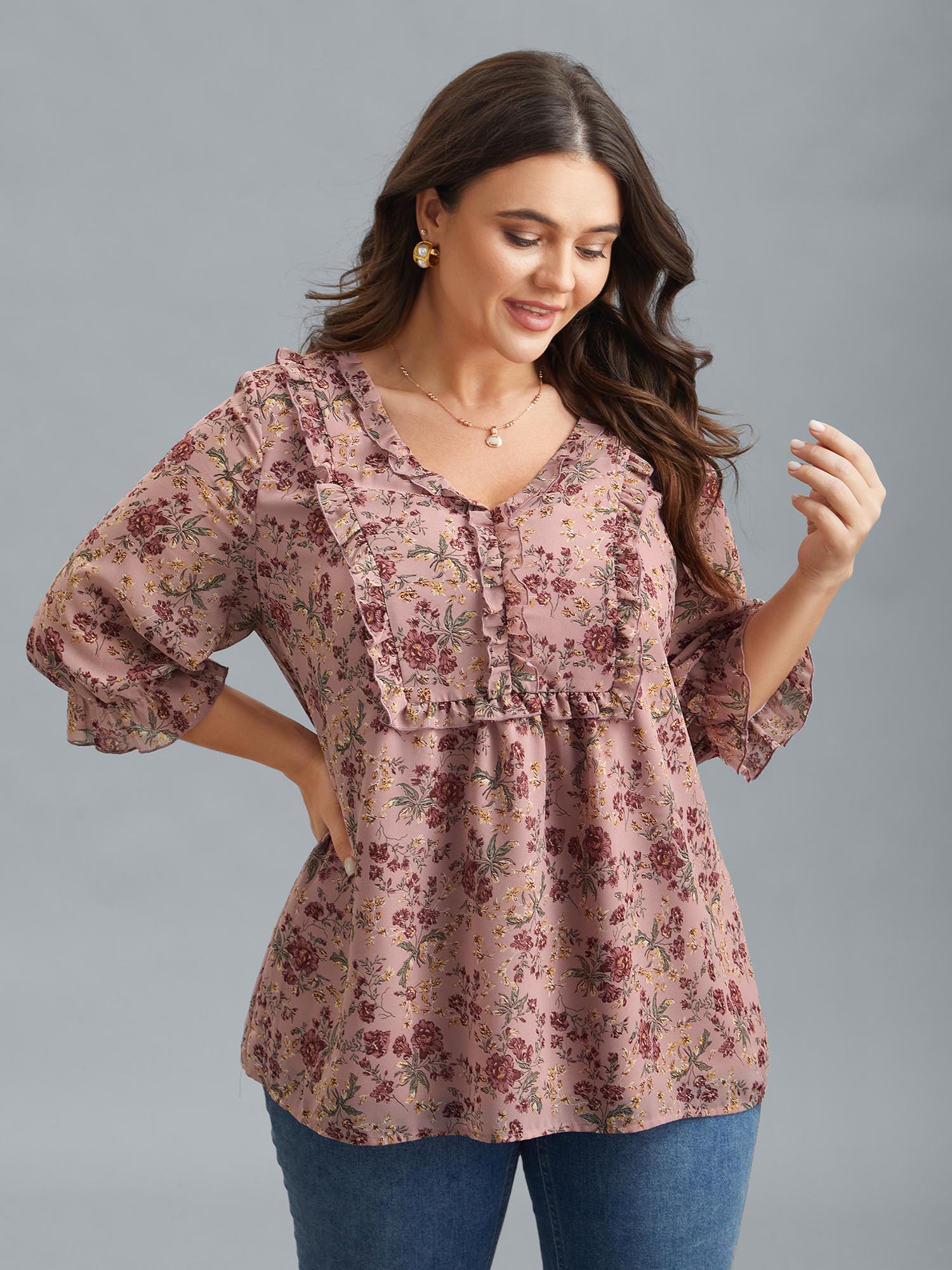 

Plus Size Rouge Chiffon Floral Print Ruffled Neck Flowy Shirt Women Elegant Elbow-length sleeve V-neck Everyday Blouses BloomChic