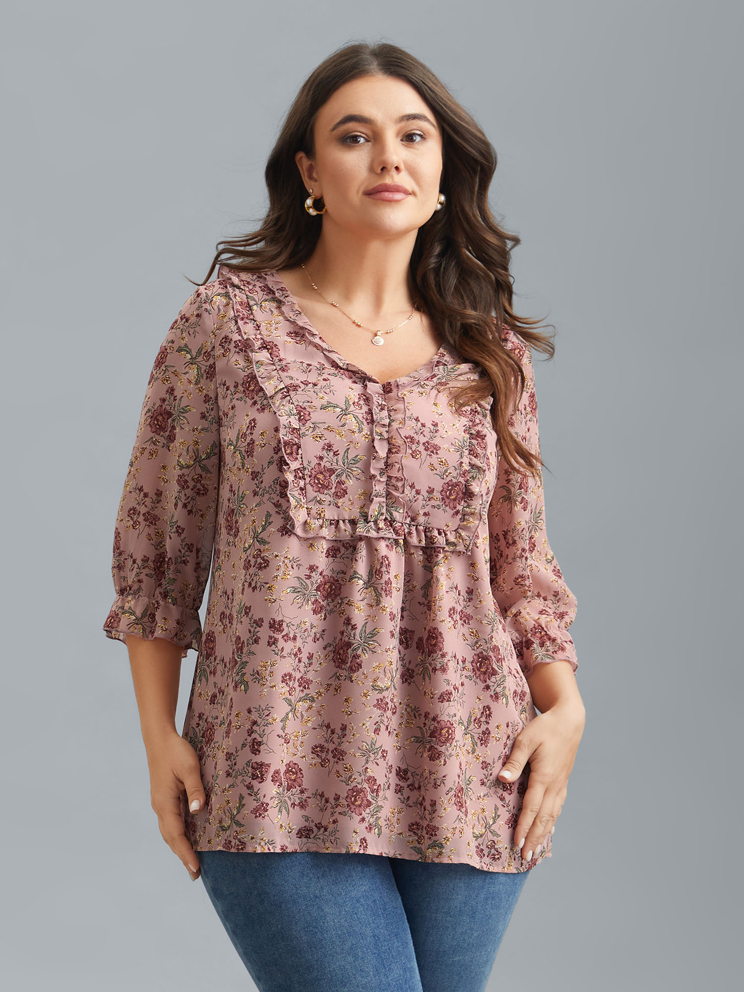 

Plus Size Rouge Chiffon Floral Print Ruffled Neck Flowy Shirt Women Elegant Elbow-length sleeve V-neck Everyday Blouses BloomChic