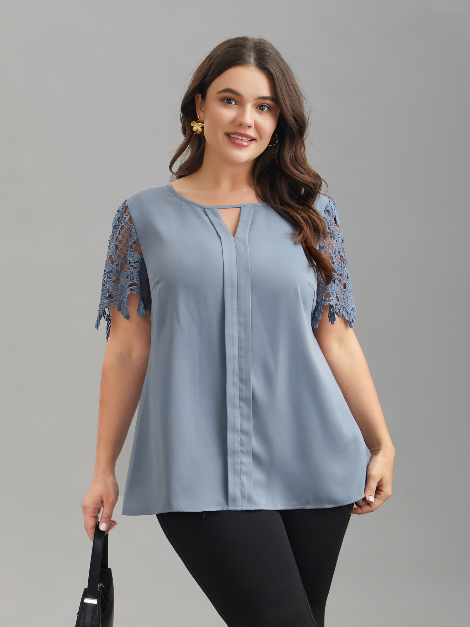 

Plus Size Stone Lace Sleeve Neck Cut-Out Flared Shirt Women At the Office Short sleeve Notched collar Work Blouses BloomChic