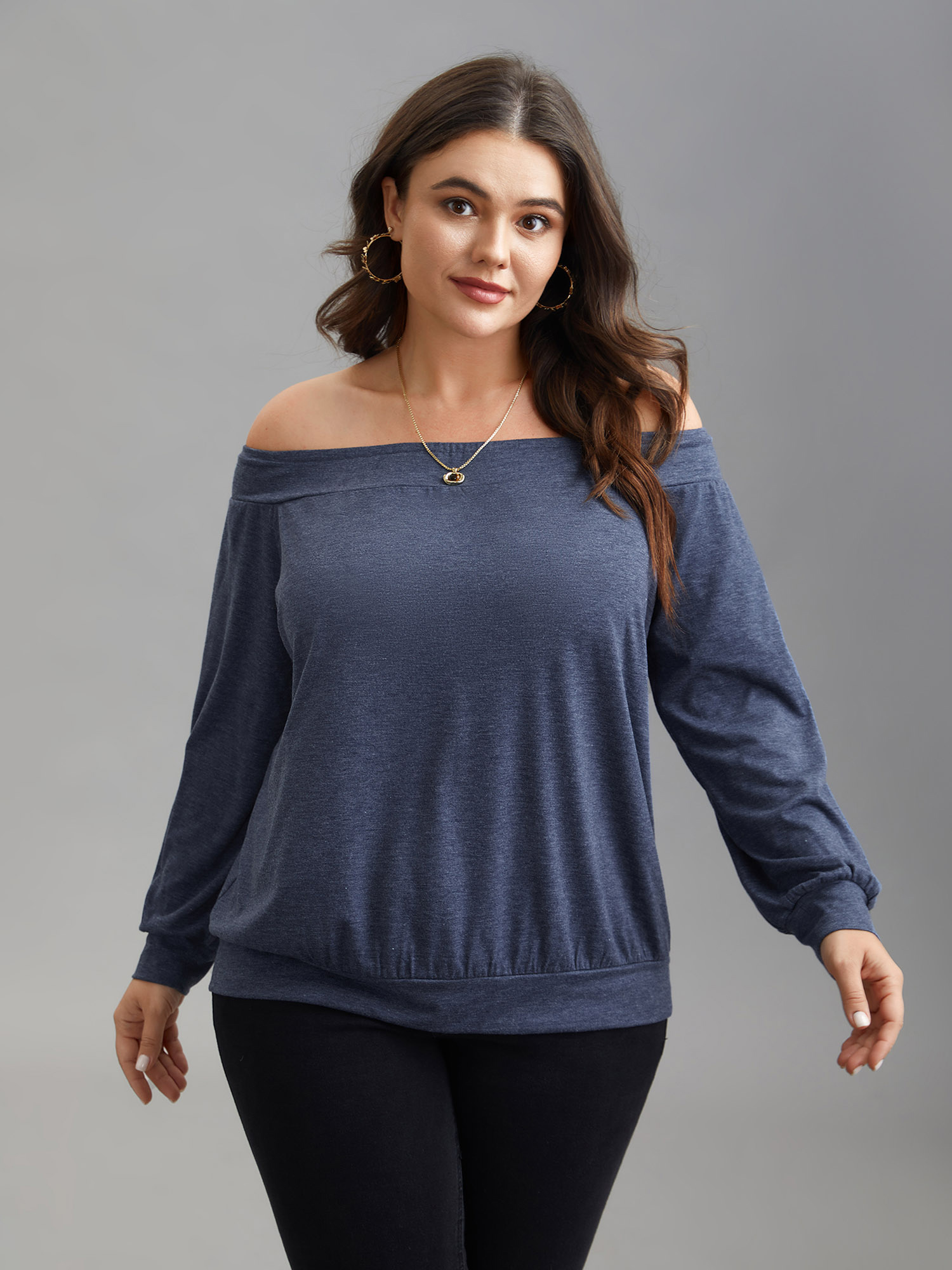 

Plus Size Off-Shoulder Heather Knit Top DarkBlue One-shoulder neck Extra Long Sleeve Elegant Jersey Tops