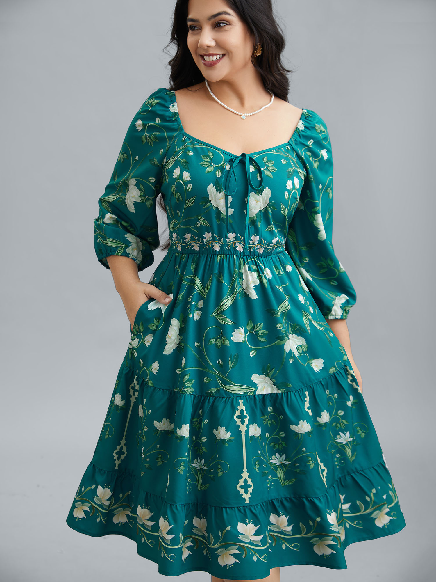 Plus Size Floral Print Lantern Sleeve Tiered Midi Dress Emerald Women Elegant Tie knot Heart neckline Elbow-length sleeve Curvy BloomChic 30/6X