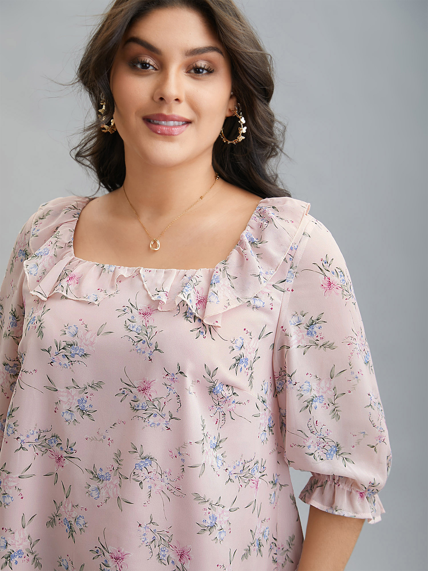 

Plus Size Lightpink Chiffon Printed Ruffled Shirt Women Elegant Elbow-length sleeve Square Neck Everyday Blouses BloomChic