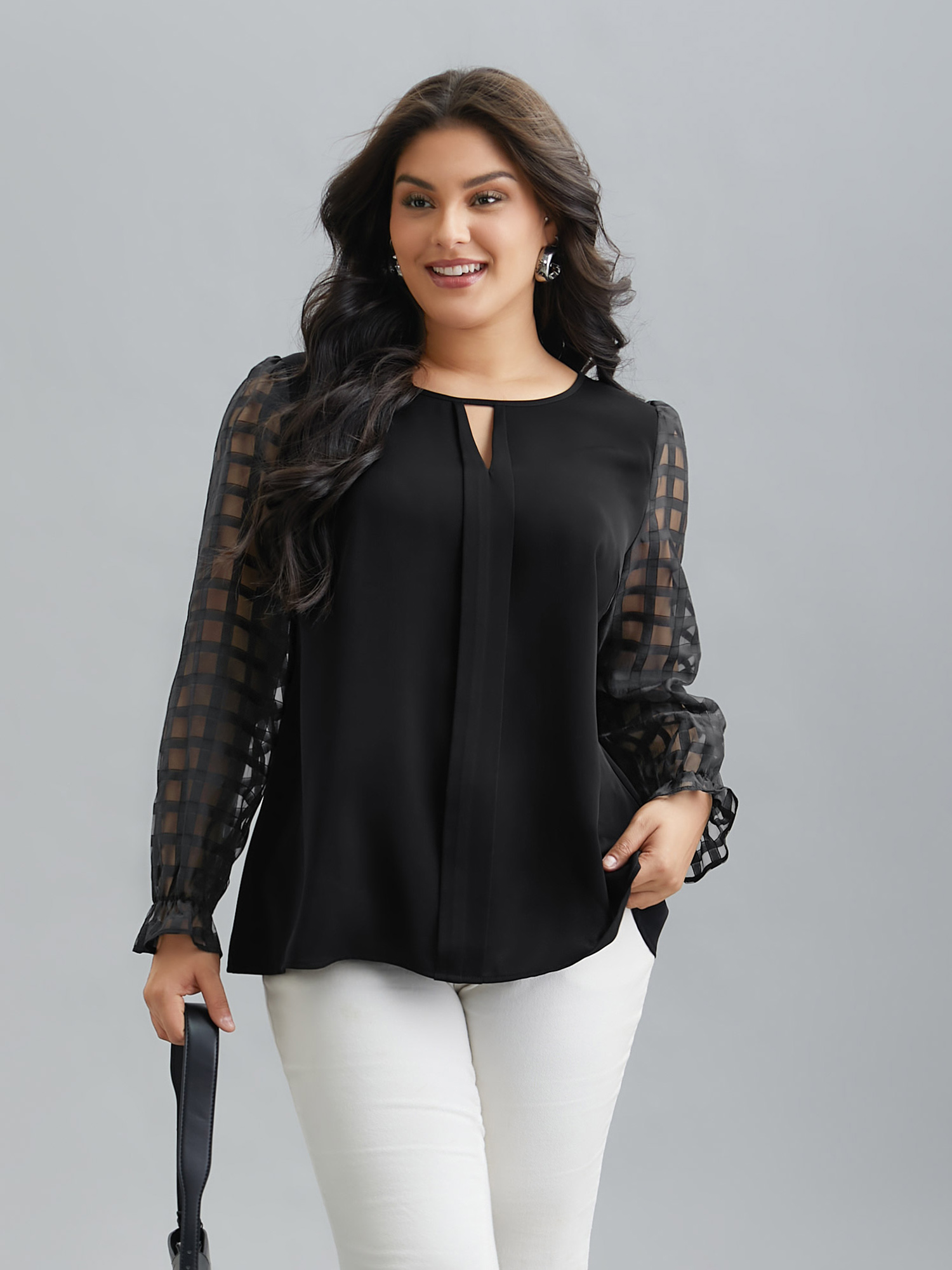 

Plus Size Black Sheer Textured Sleeve Neck Cut-Out Shirt Women At the Office Long Sleeve Round Neck Work Blouses BloomChic