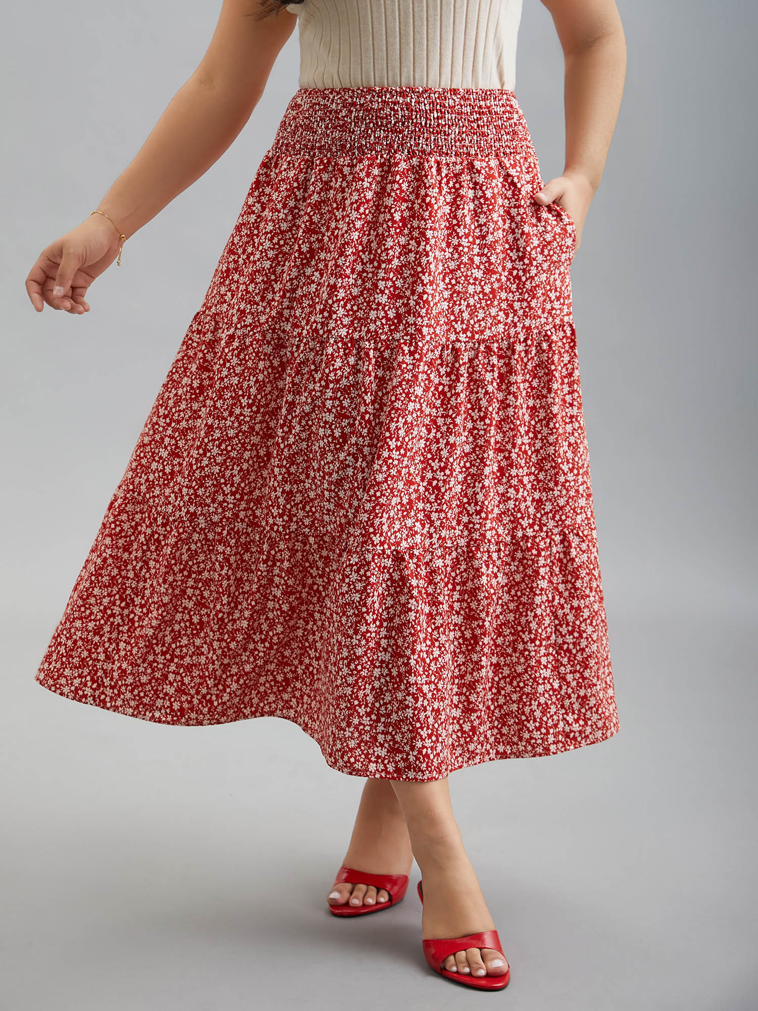 

Plus Size Romantic Floral Waist Shirred Midi Skirt Women Crimson Elegant Shirred No stretch Side seam pocket Everyday Skirts BloomChic