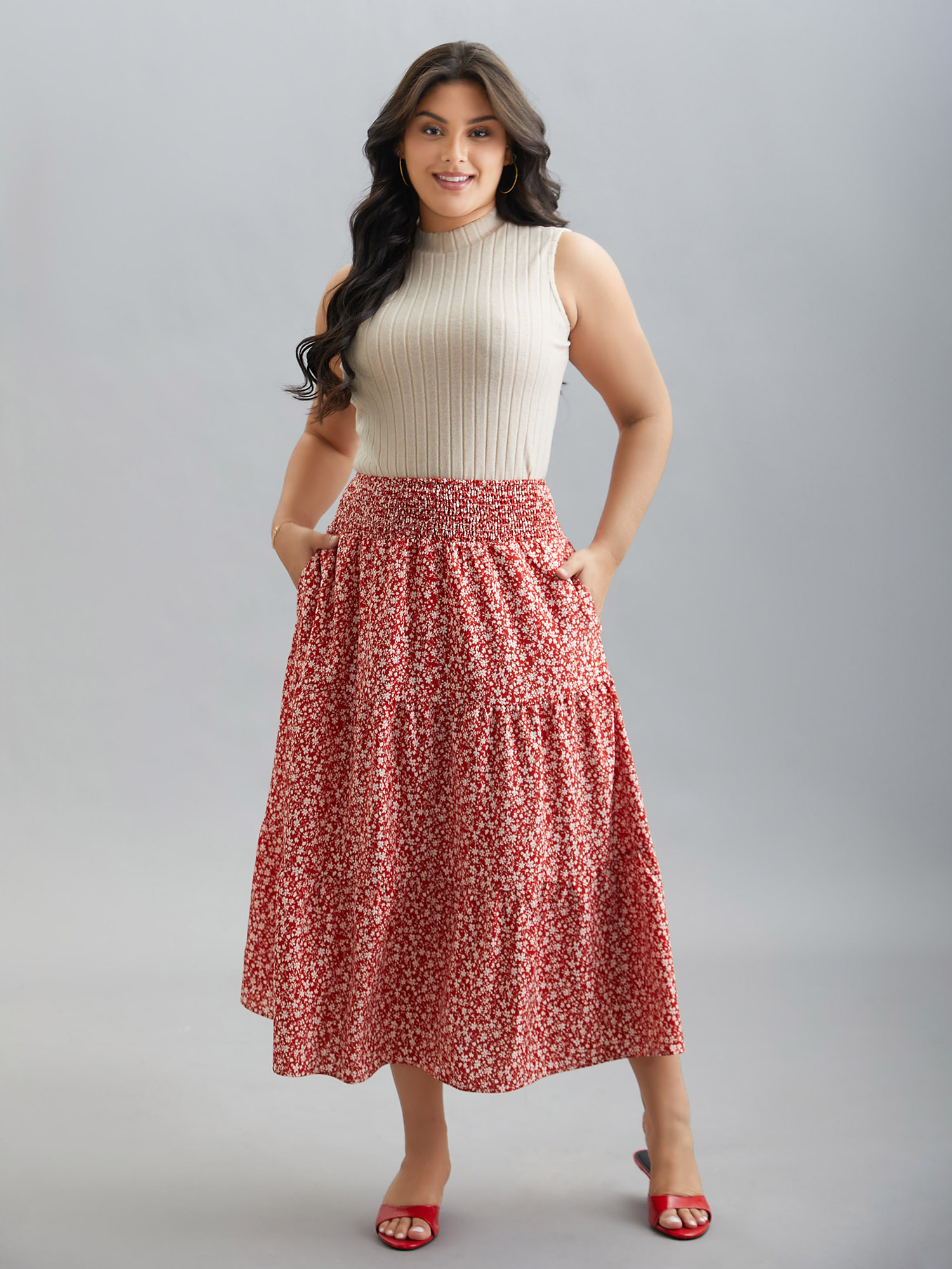 Plus Size Romantic Floral Waist Shirred Midi Skirt Women Crimson Elegant Shirred No stretch Side seam pocket Everyday Skirts BloomChic 28/5X 