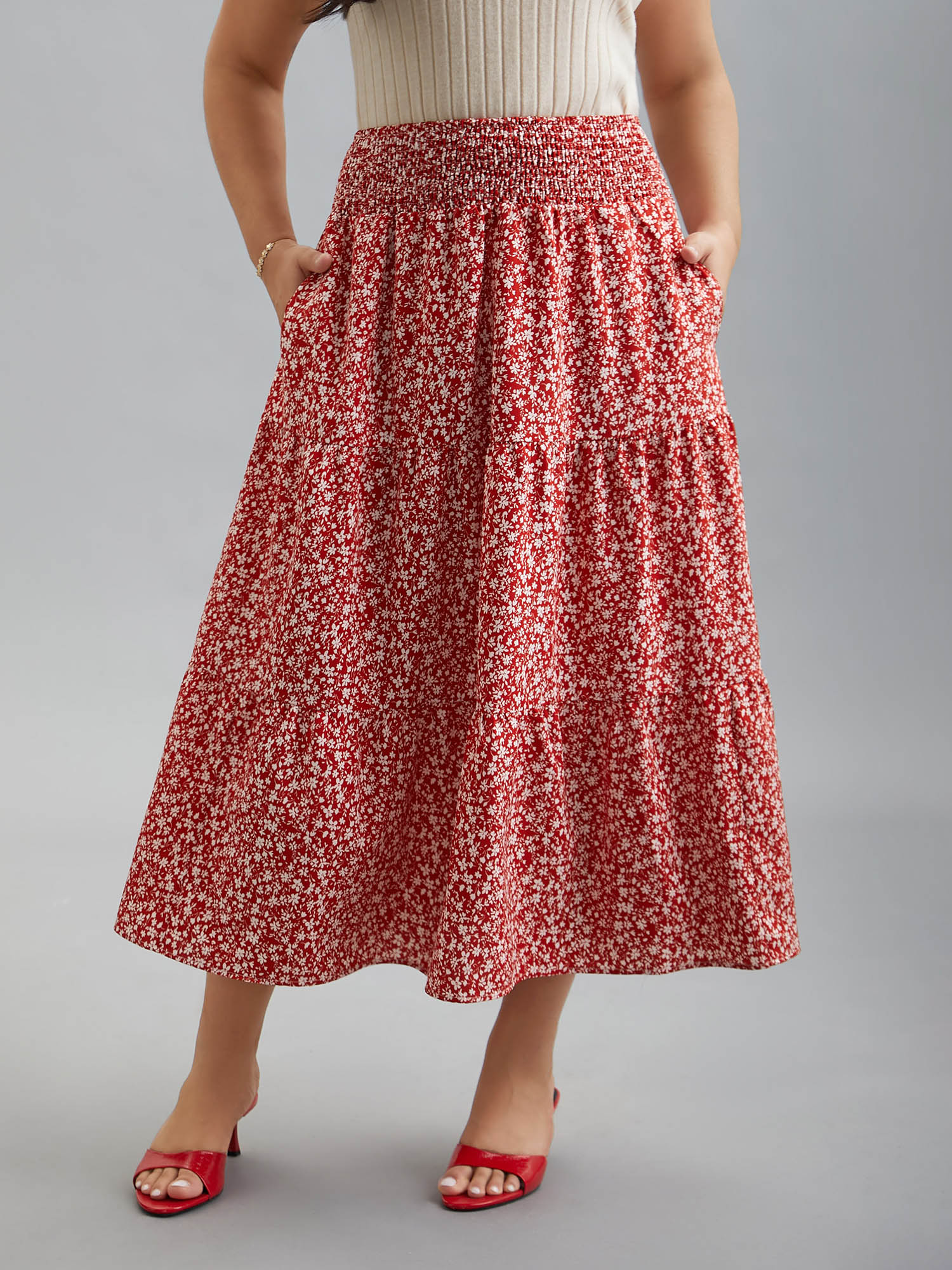 Plus Size Romantic Floral Waist Shirred Midi Skirt Women Crimson Elegant Shirred No stretch Side seam pocket Everyday Skirts BloomChic 28/5X 