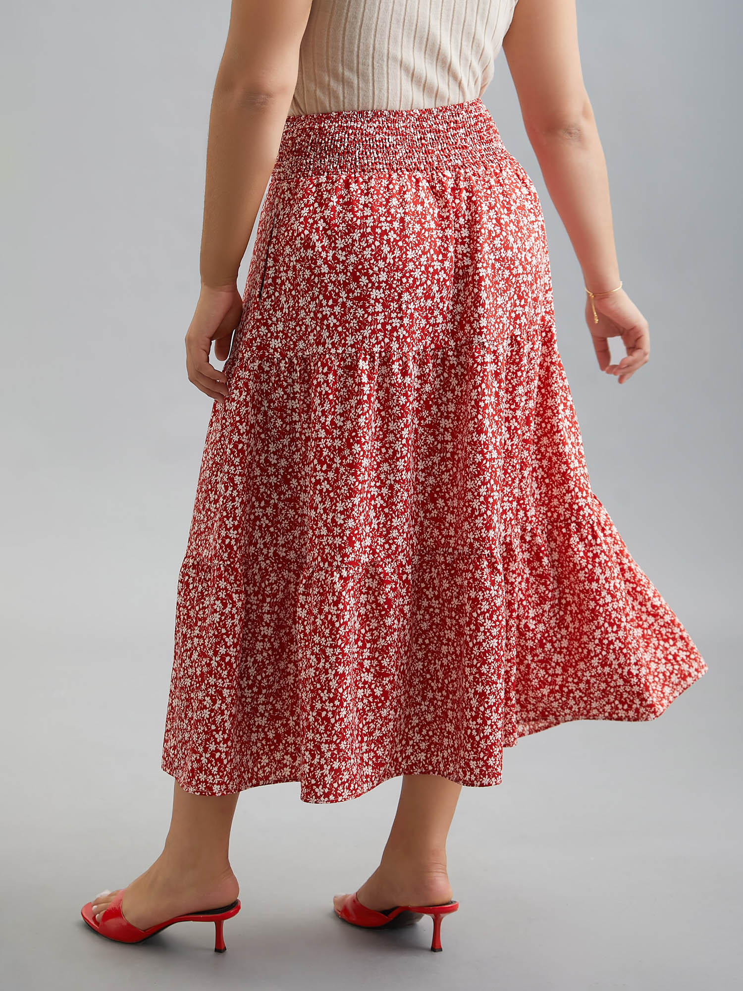 Plus Size Romantic Floral Waist Shirred Midi Skirt Women Crimson Elegant Shirred No stretch Side seam pocket Everyday Skirts BloomChic 28/5X 