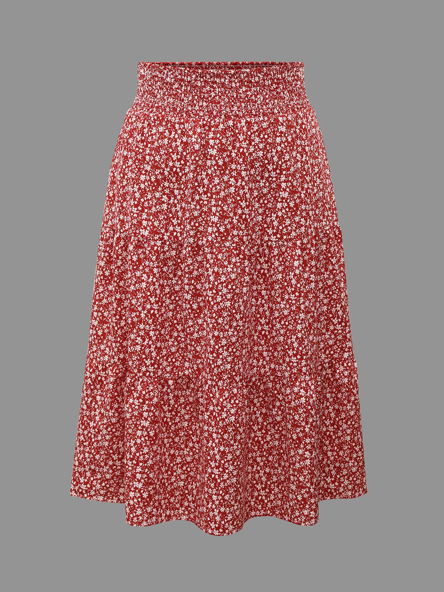 Plus Size Romantic Floral Waist Shirred Midi Skirt Women Crimson Elegant Shirred No stretch Side seam pocket Everyday Skirts BloomChic 28/5X 