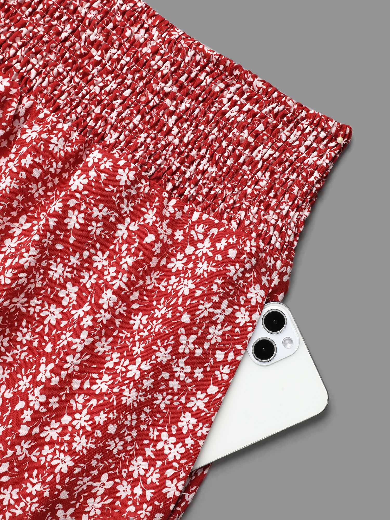 Plus Size Romantic Floral Waist Shirred Midi Skirt Women Crimson Elegant Shirred No stretch Side seam pocket Everyday Skirts BloomChic 28/5X 