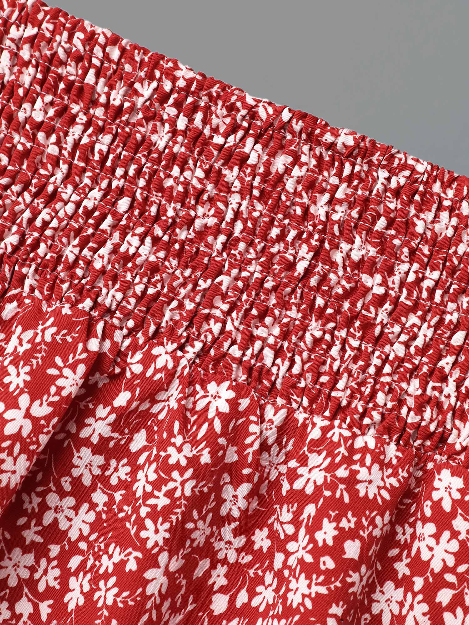 Plus Size Romantic Floral Waist Shirred Midi Skirt Women Crimson Elegant Shirred No stretch Side seam pocket Everyday Skirts BloomChic 28/5X 