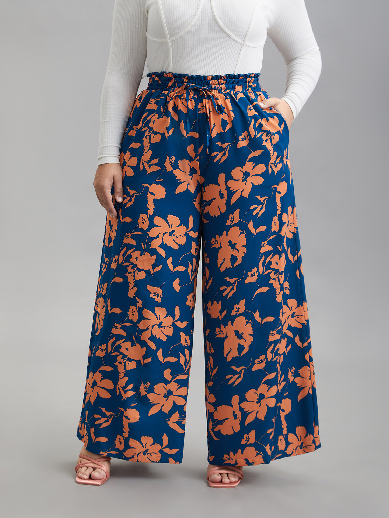 

Plus Size Floral Smocked Waist Flared Leg Pants Women DarkBlue Elegant Wide Leg Mid Rise Everyday Pants BloomChic