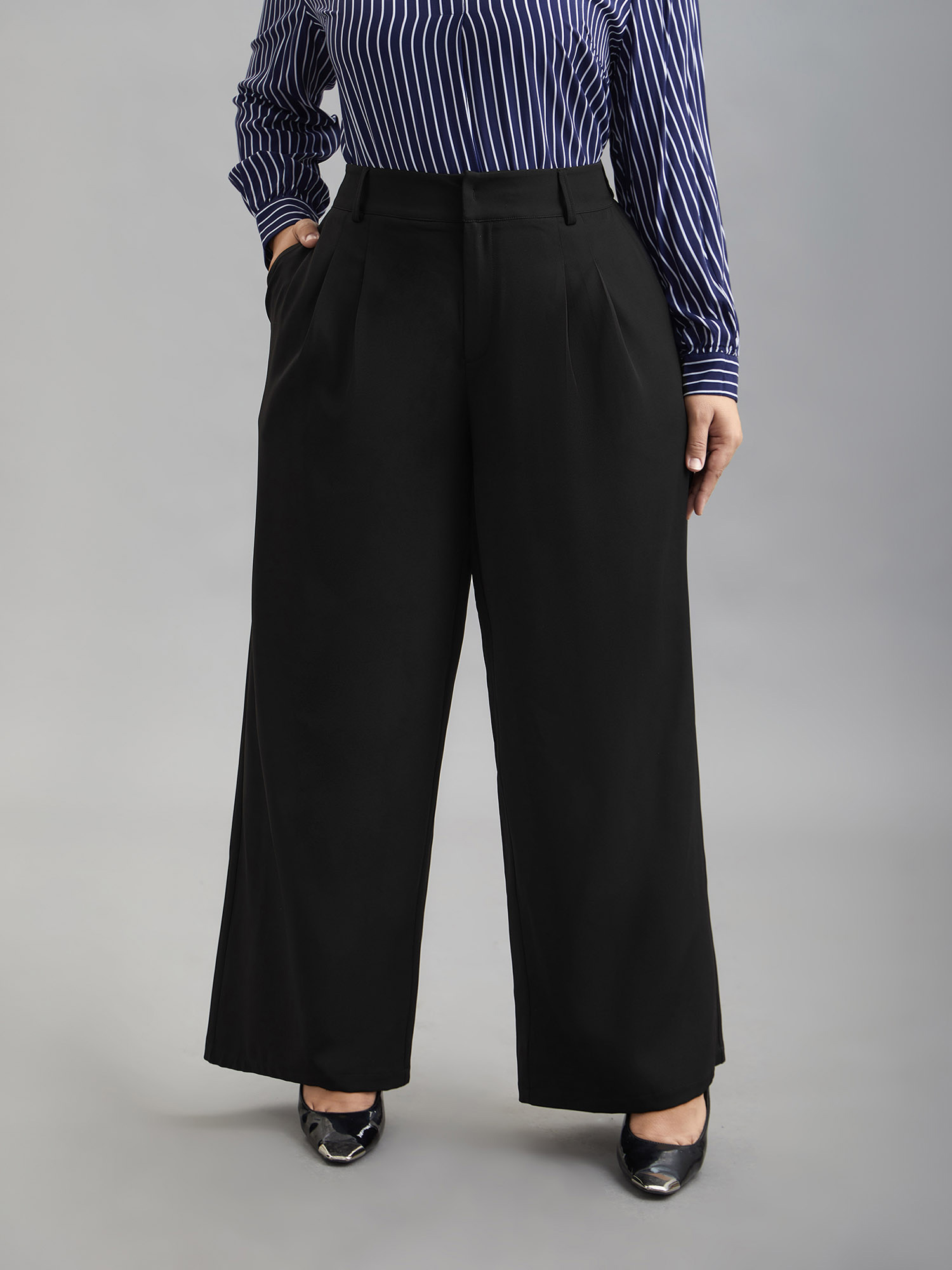 

Plus Size Very Stretchy Waist Flared Leg Pants Women Black At the Office Straight Leg Mid Rise Work Pants BloomChic