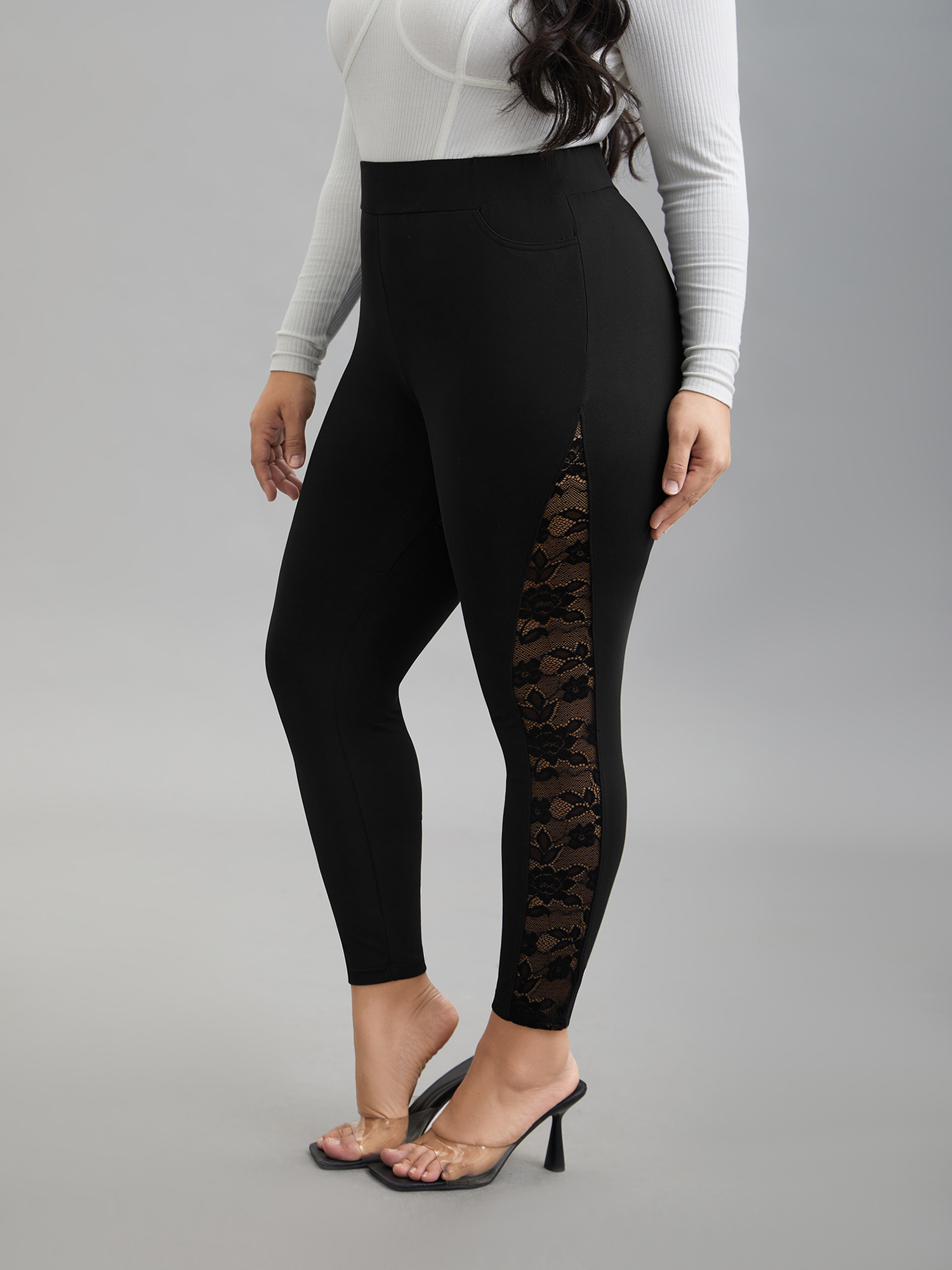 

Plus Size Lace Mid-Rise Tight Pants Women Black Elegant High stretch Skinny Mid Rise Everyday Leggings BloomChic