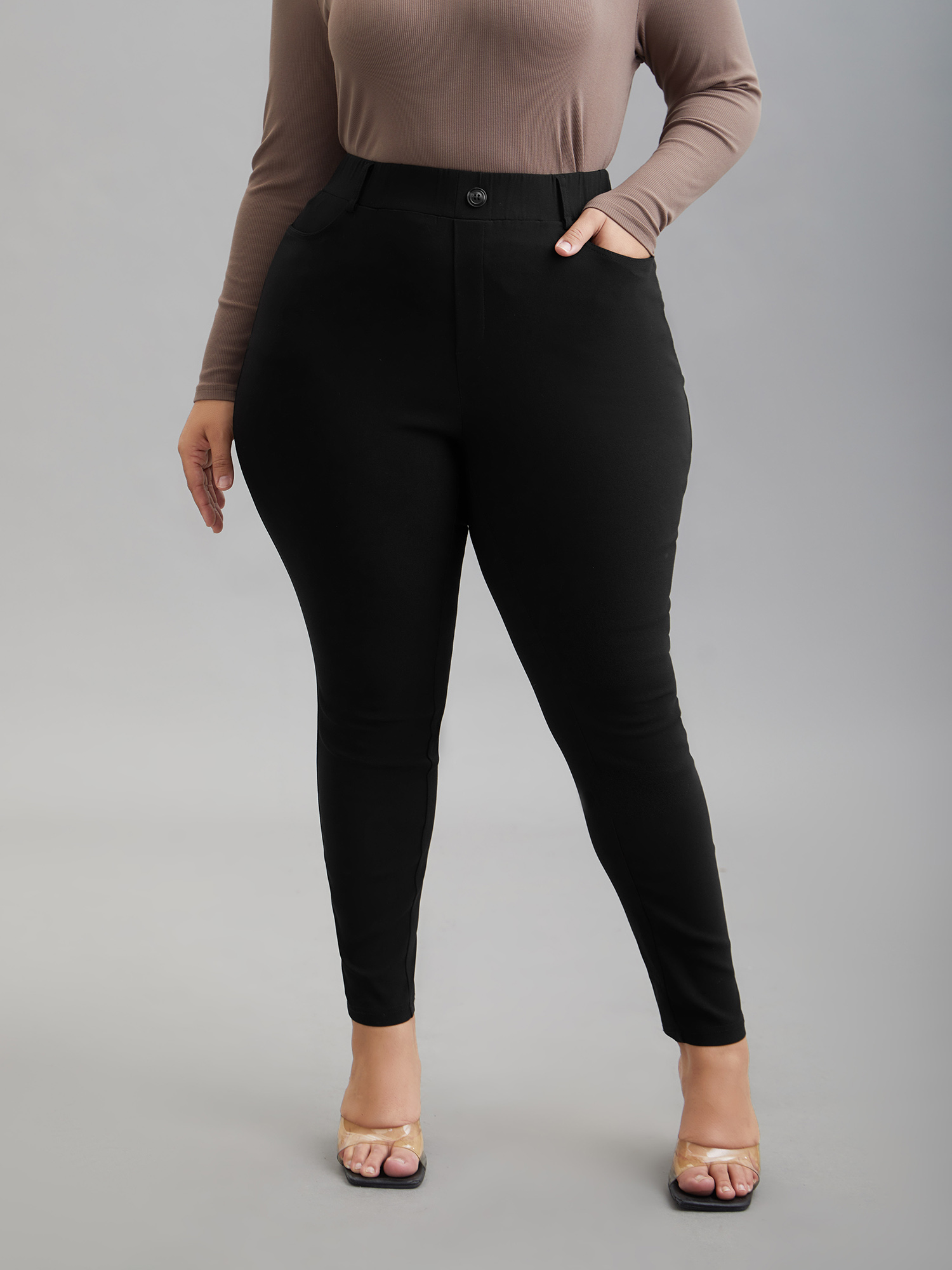 

Plus Size No-Waist Gap Decorative Placket Skinny Pants Women Black Elegant Skinny Mid Rise Everyday Pants BloomChic