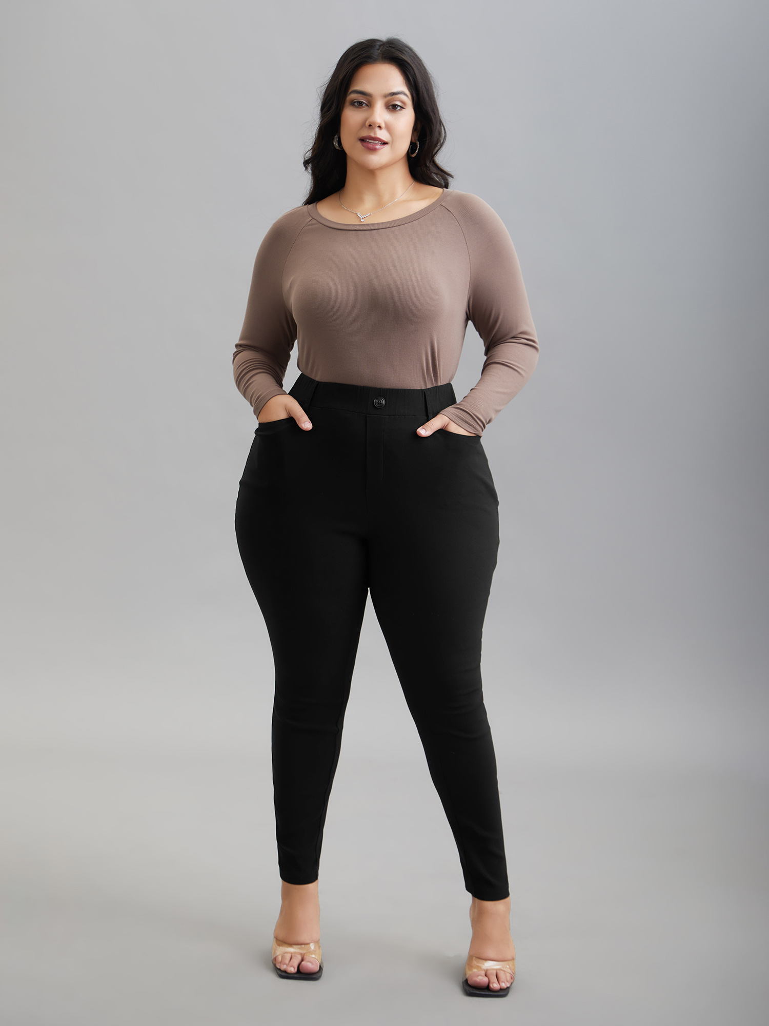 Plus Size No-Waist Gap Decorative Placket Skinny Pants Women Black Elegant Skinny Mid Rise Everyday Pants BloomChic 30/6X 