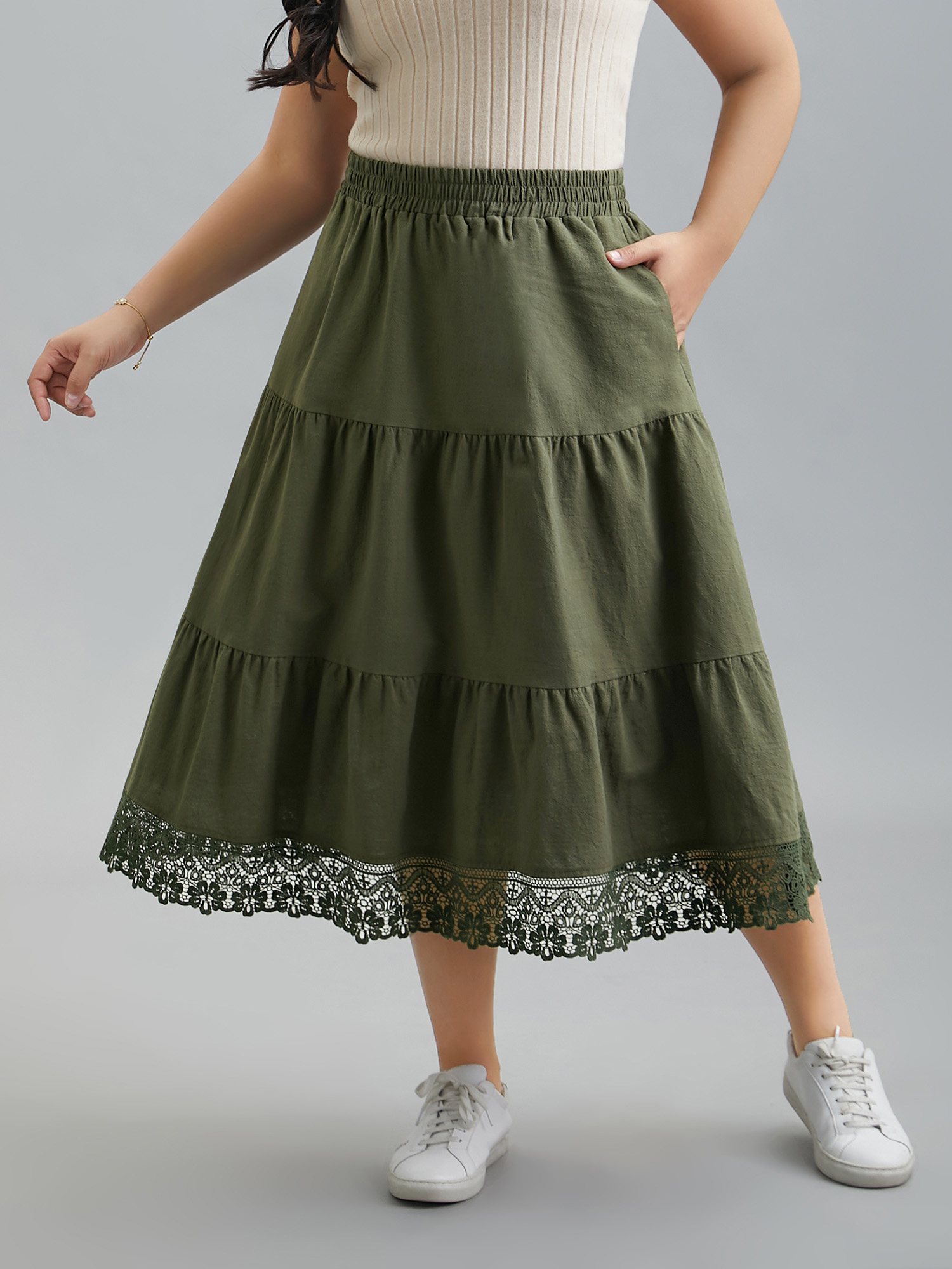 

Plus Size Stretchy Waist Lace Tiered Midi Skirt Women ArmyGreen Elegant Gathered No stretch Side seam pocket Everyday Skirts BloomChic