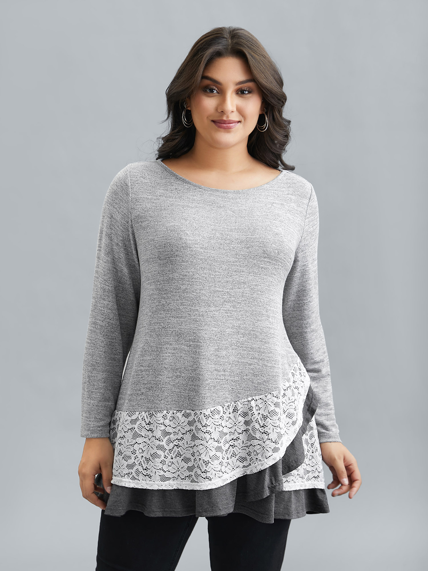 

Plus Size Lace Overlap Hem Round Neck T-Shirt LightGray Women Casual Overlapping Round Neck Everyday T-shirts BloomChic