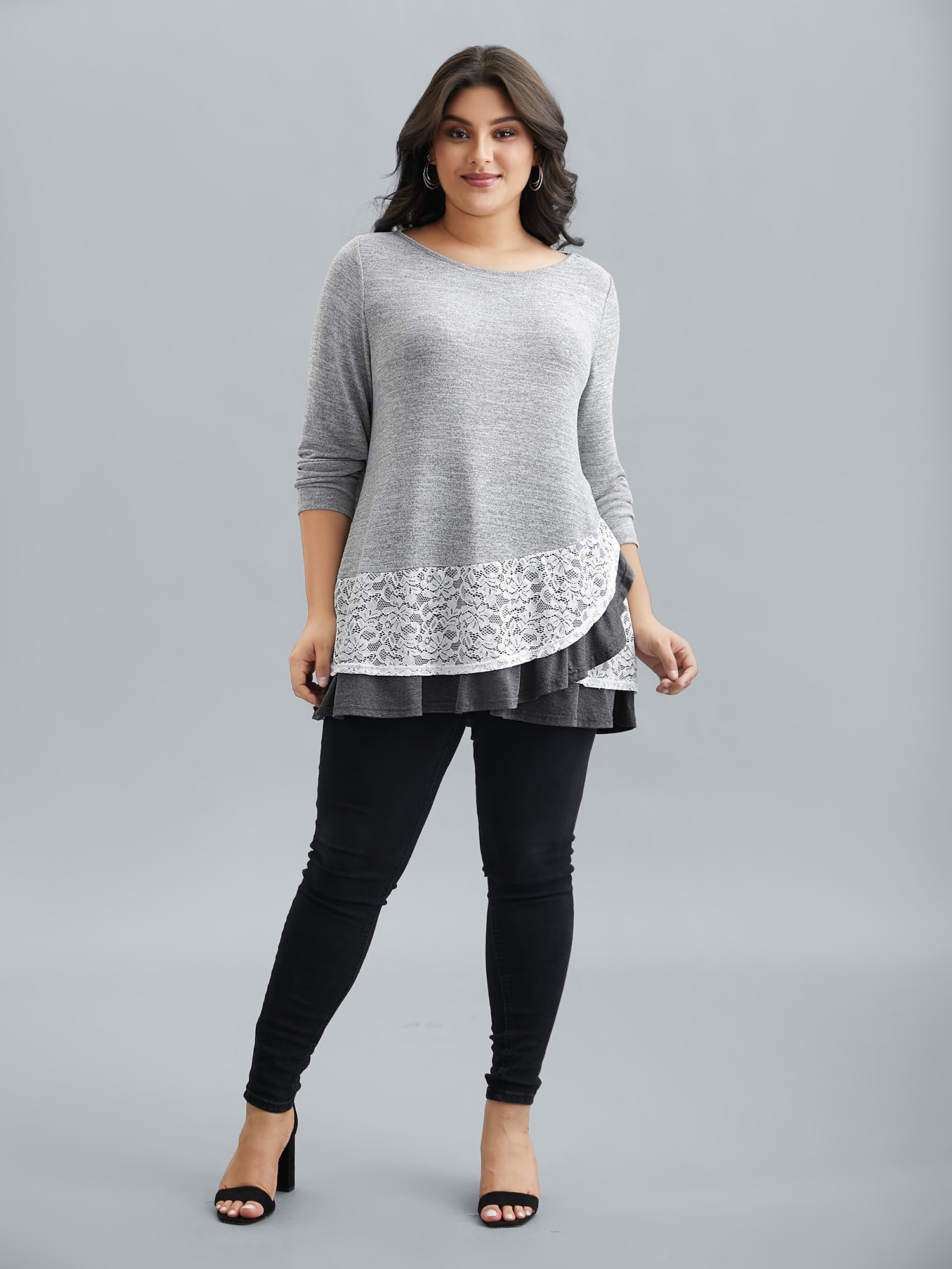 

Plus Size Lace Overlap Hem Round Neck T-Shirt LightGray Women Casual Overlapping Round Neck Everyday T-shirts BloomChic