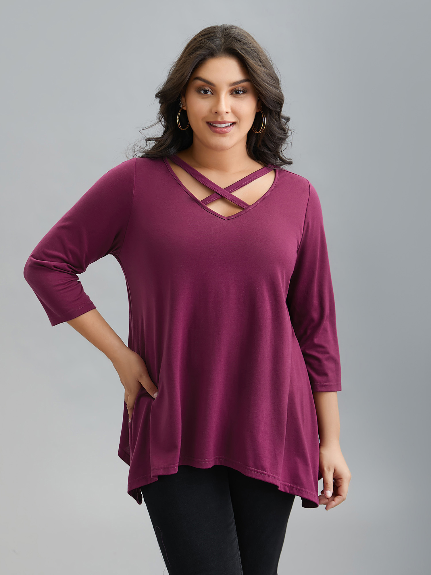 

Plus Size Crossover Neck-Tie Flared T-Shirt RedViolet Women Casual Asymmetrical V-neck Loose Everyday T-shirts BloomChic