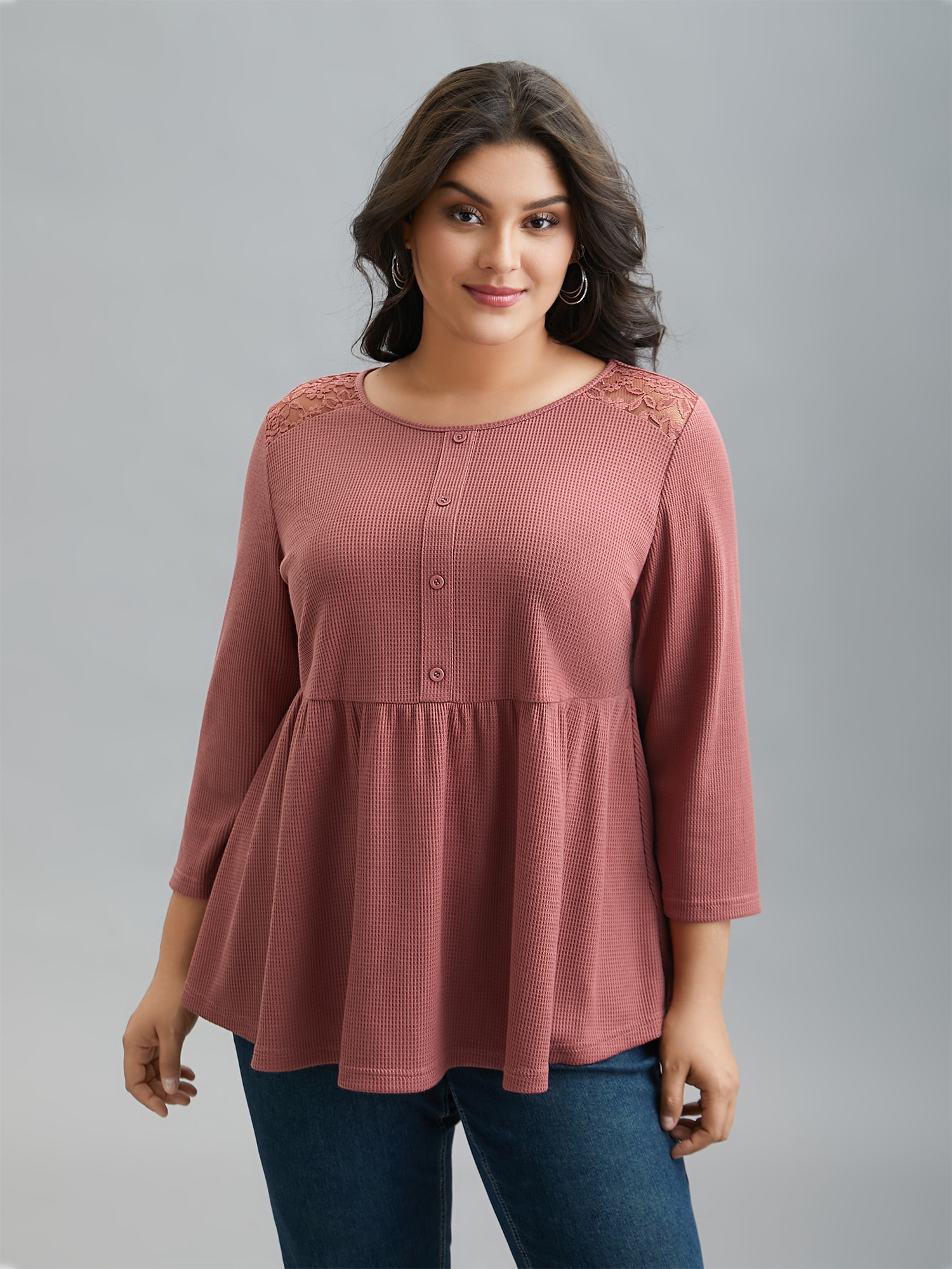 

Plus Size Lace Patchwork Textured Babydoll Top DustyPink Round Neck Three Quater Length Sleeve Casual Jersey Tops