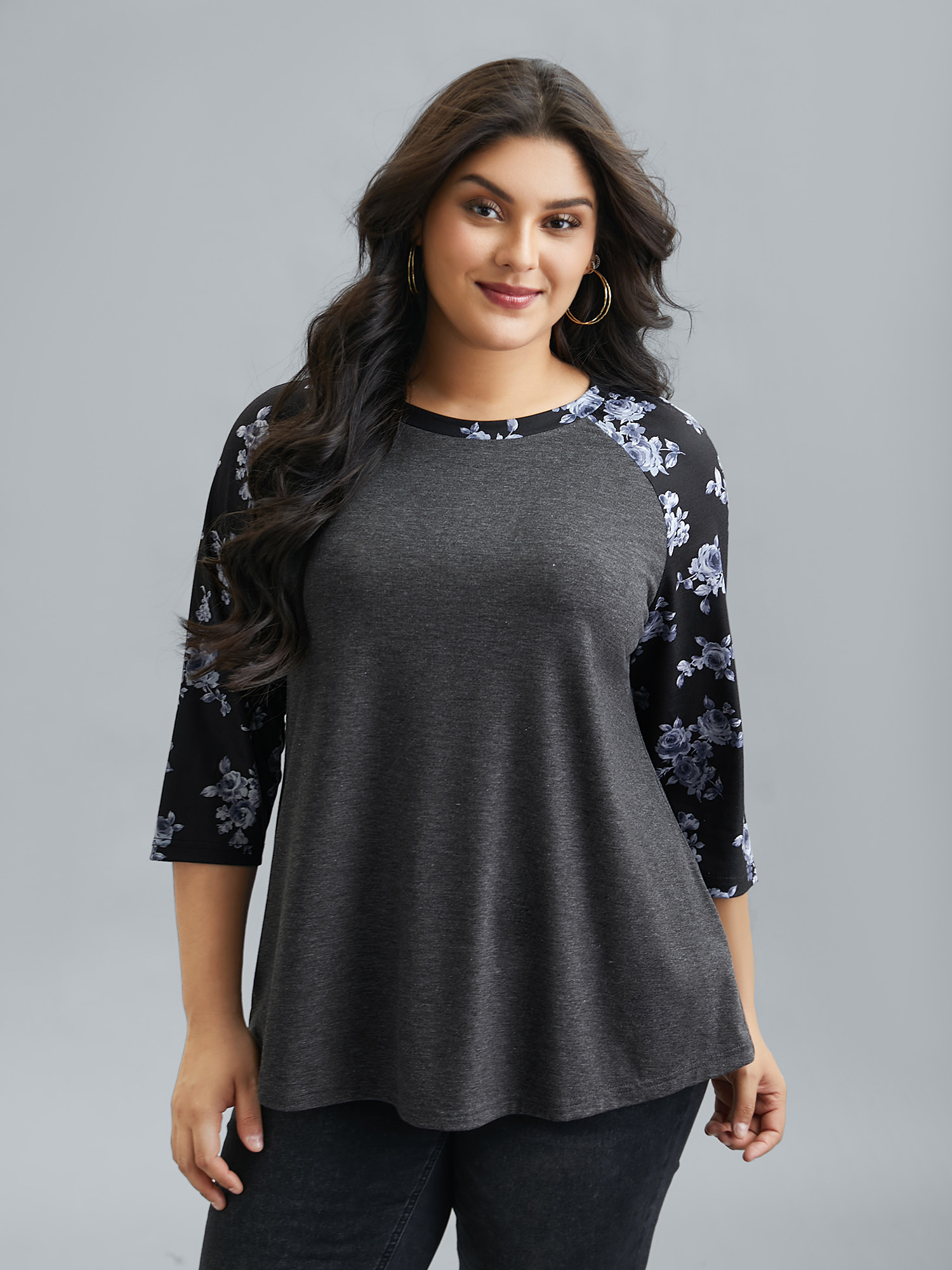 

Plus Size Floral Sleeve Round Neck Flared T-Shirt DimGray Women Casual Contrast Natural Flowers Round Neck Everyday T-shirts BloomChic