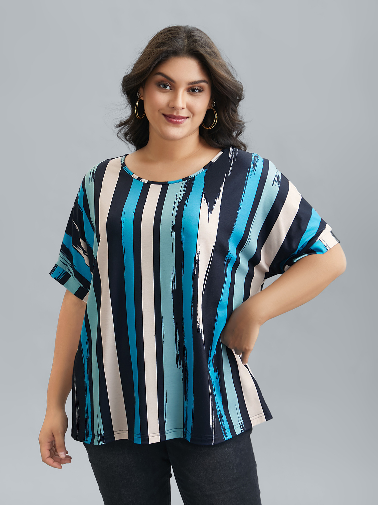 

Plus Size Striped Print Dolman Sleeve T-Shirt Multicolor Women Casual Contrast Round Neck Everyday T-shirts BloomChic