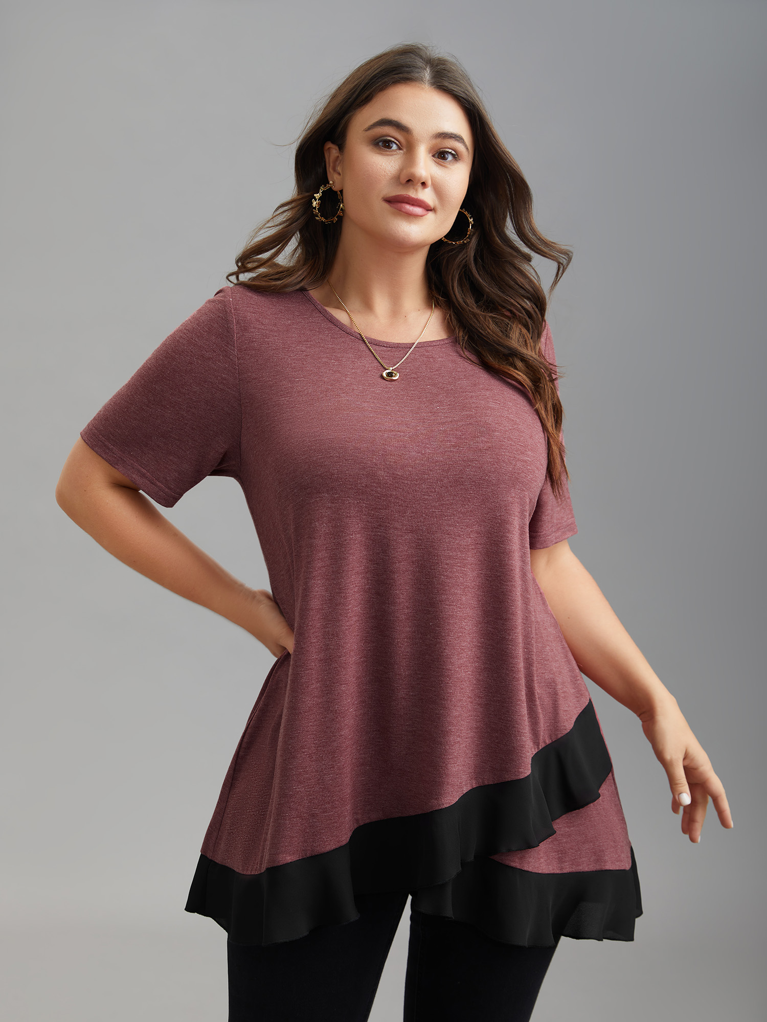 

Plus Size Color Contrast Overlap Hem Flared Top Russet Round Neck Short sleeve Elegant Jersey Tops