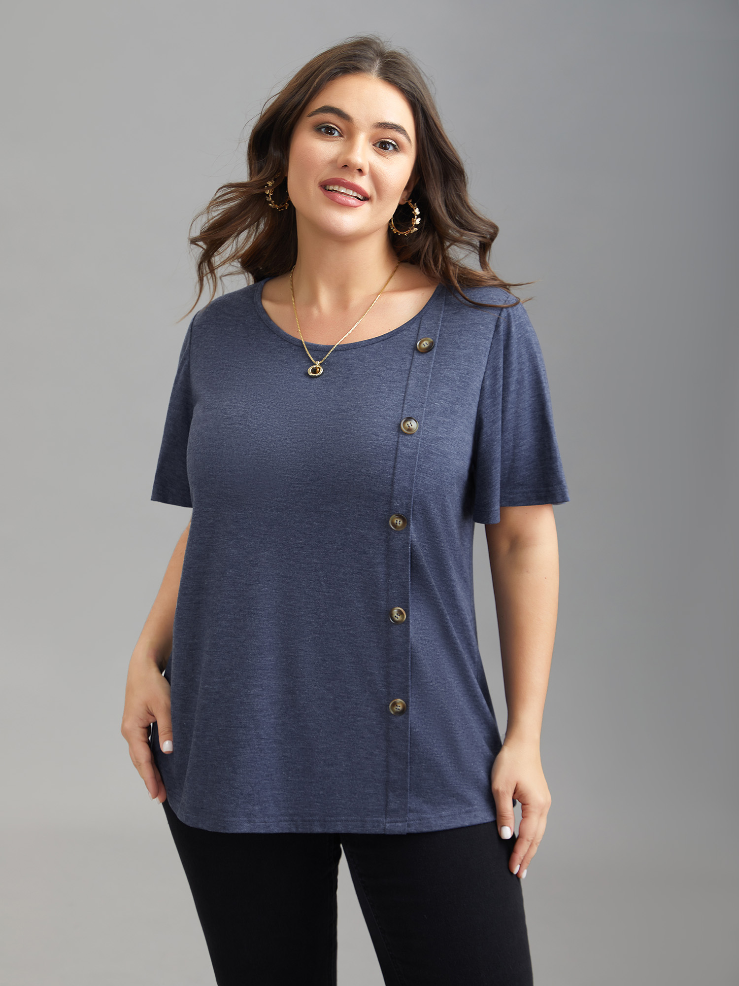 

Plus Size Side Buttons Round Neck Fitted T-Shirt Indigo Women Elegant Button Round Neck Everyday T-shirts BloomChic