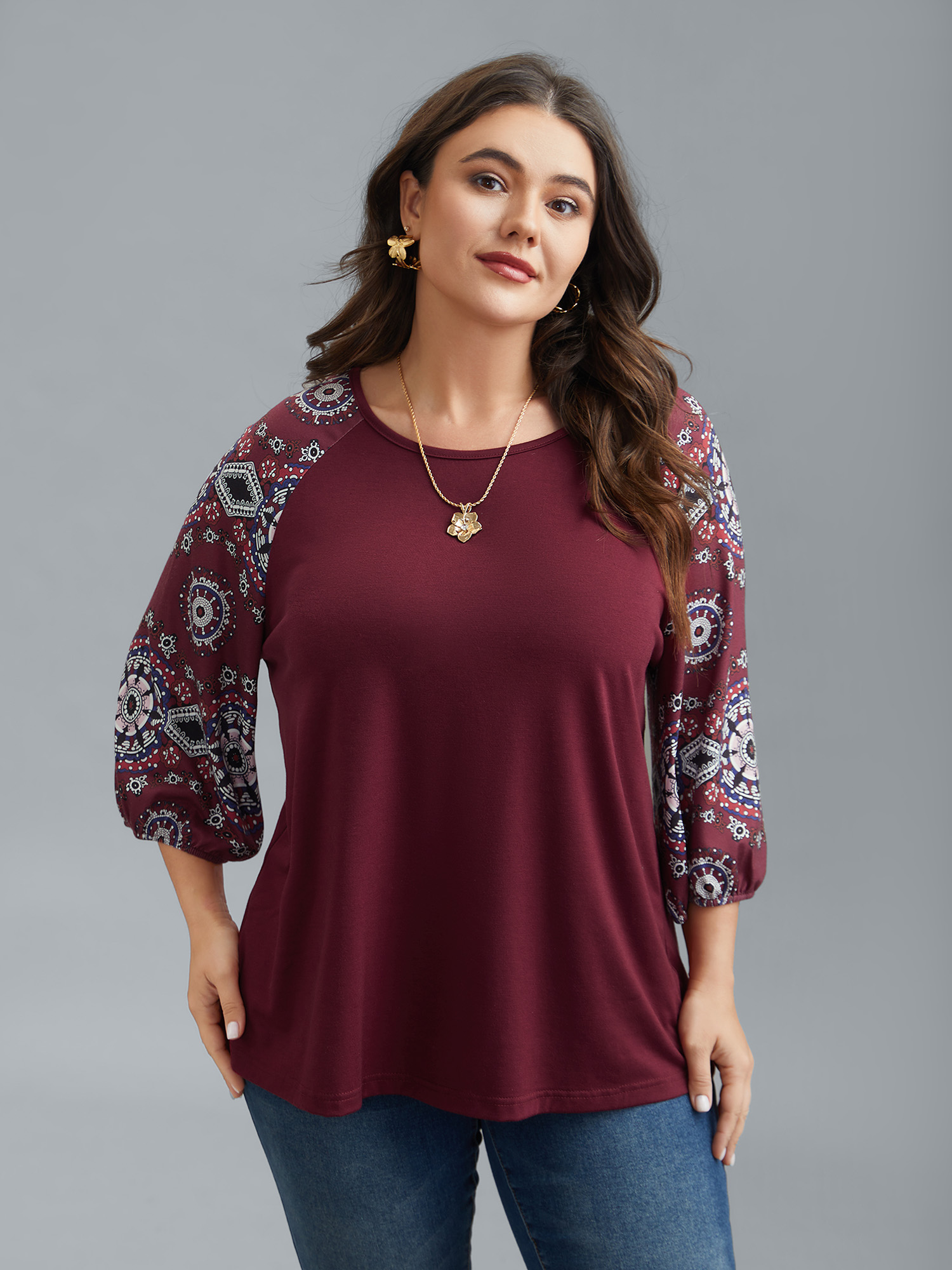 

Plus Size Boho Print Sleeve Round Neck T-Shirt Scarlet Women Elegant Contrast Round Neck Everyday T-shirts BloomChic