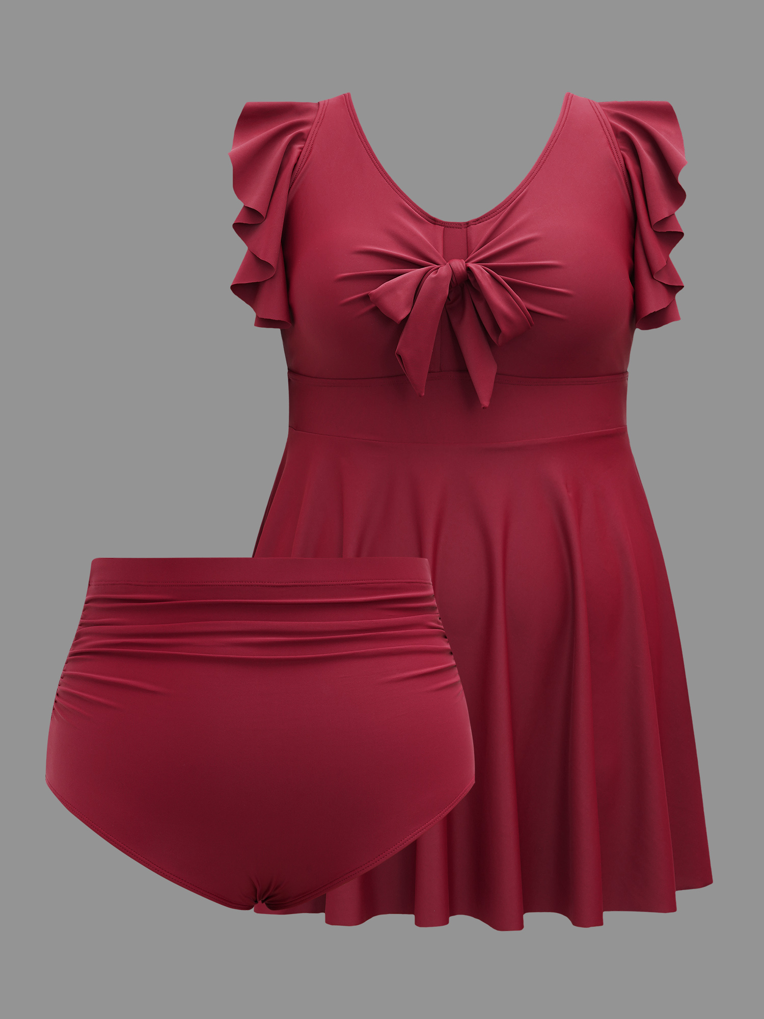 

Plus Size Front-Tie Bow Flutter Sleeve Gathered Swim Dress Women's Swimwear Burgundy Beach Bodycon U-neck High stretch Curve Swim Dresses BloomChic