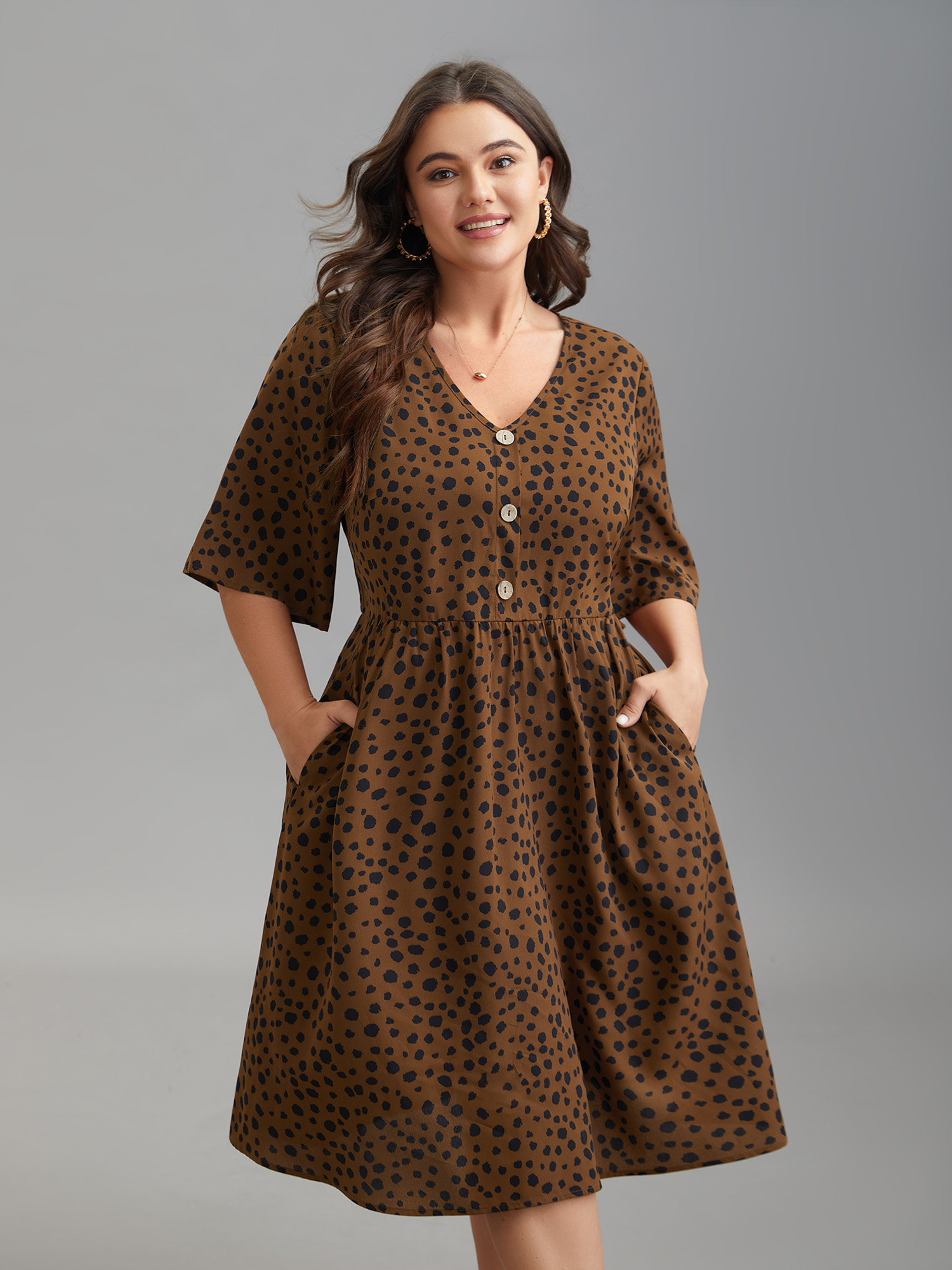 

Plus Size Leopard Print Button Placket Midi Dress Browncoffeecolor Women Casual Button V-neck Half Sleeve Curvy BloomChic