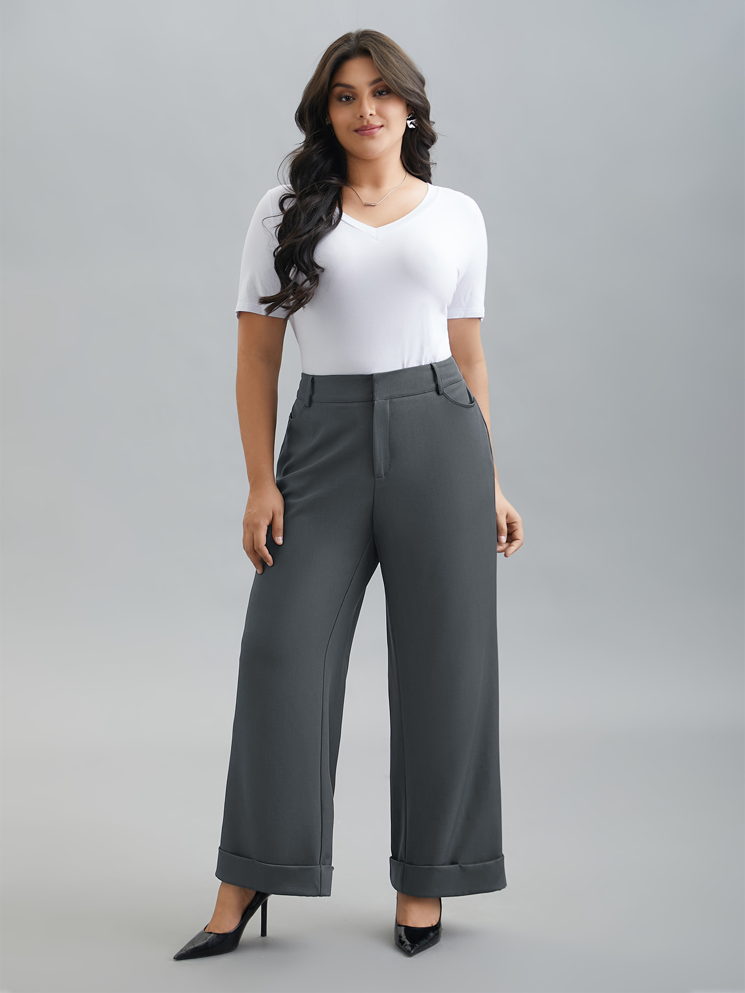 

Plus Size Stretchy-Waist Roll Hem Pants Women DimGray Workwear Essentials Bootcut Mid Rise Work Pants BloomChic