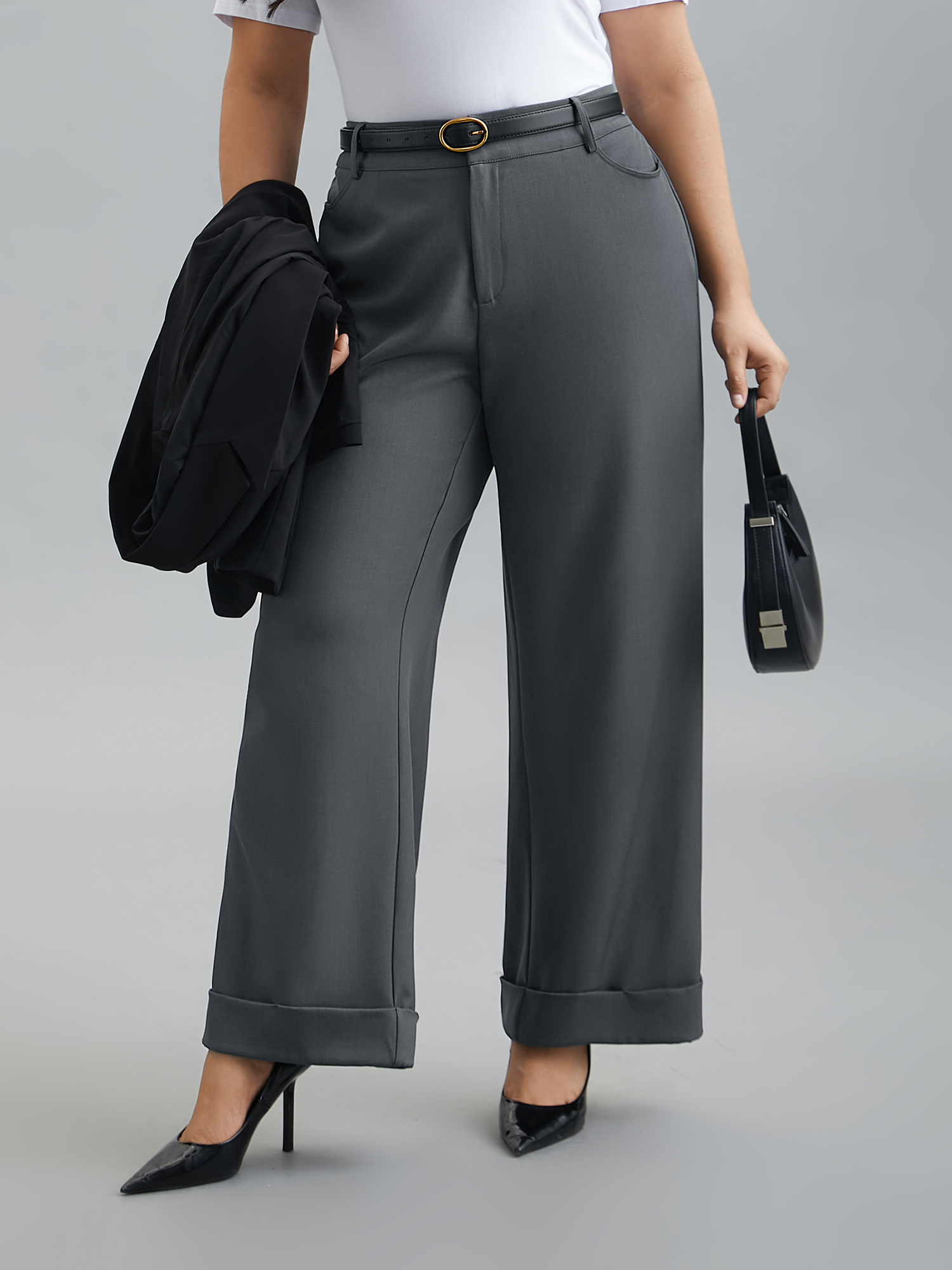Plus Size Stretchy-Waist Roll Hem Pants Women DimGray Workwear Essentials Bootcut Mid Rise Work Pants BloomChic 26/4X 
