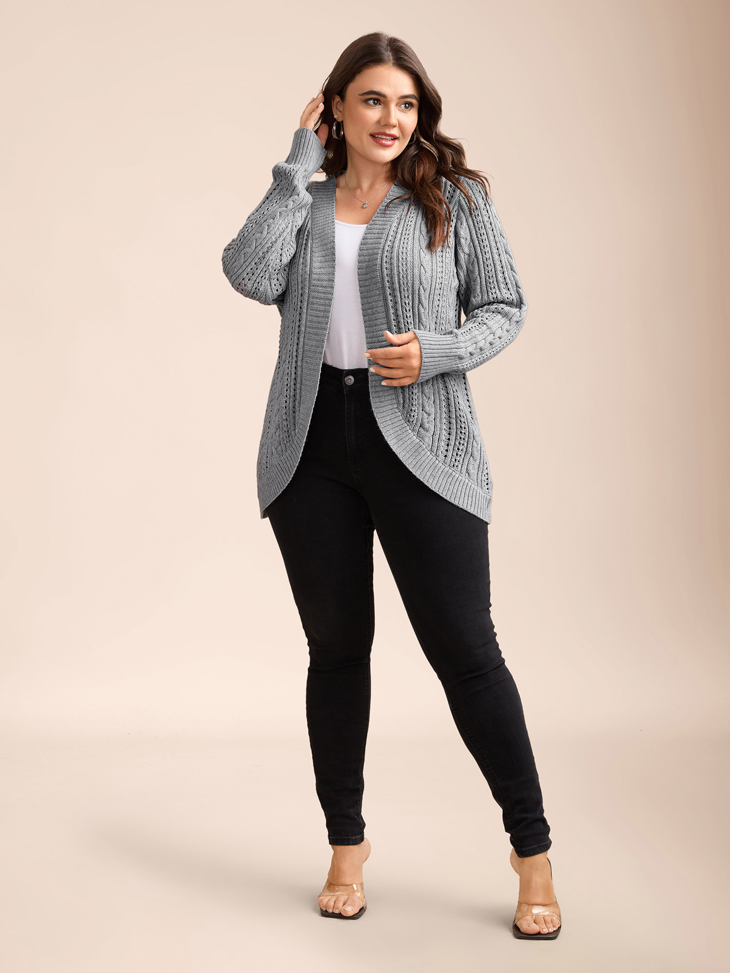 

Plus Size Cut-Out Curvy Ribbed Hem Cardigan DarkGray Women Casual Loose Long Sleeve Everyday Cardigans BloomChic