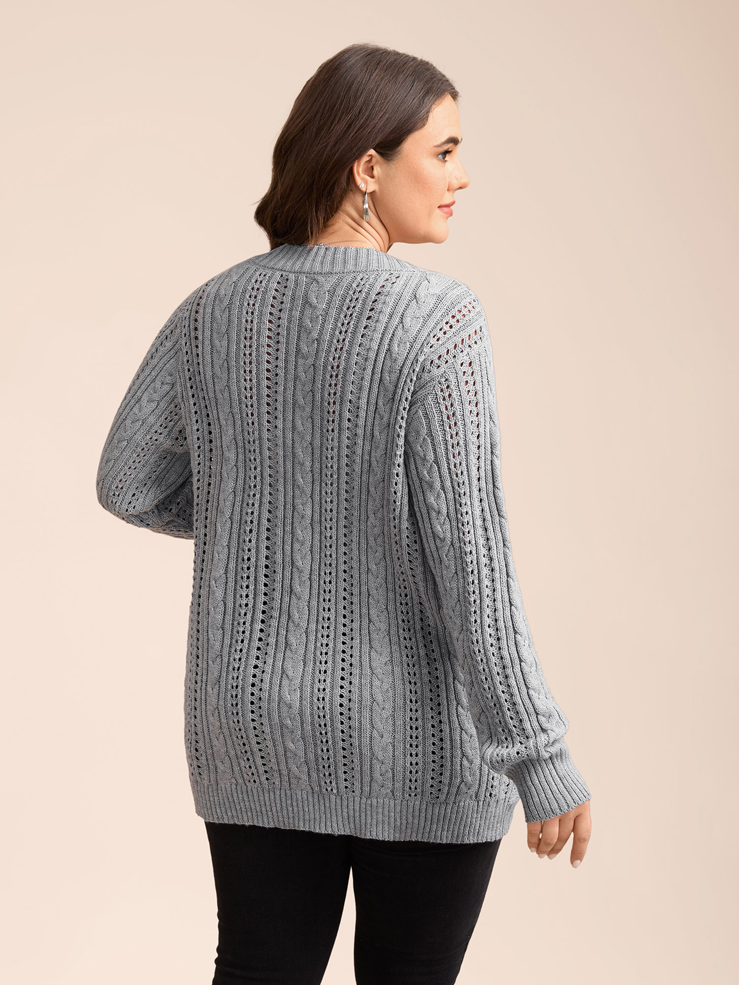 Plus Size Cut-Out Curvy Ribbed Hem Cardigan DarkGray Women Casual Loose Long Sleeve Everyday Cardigans BloomChic 26/4X 