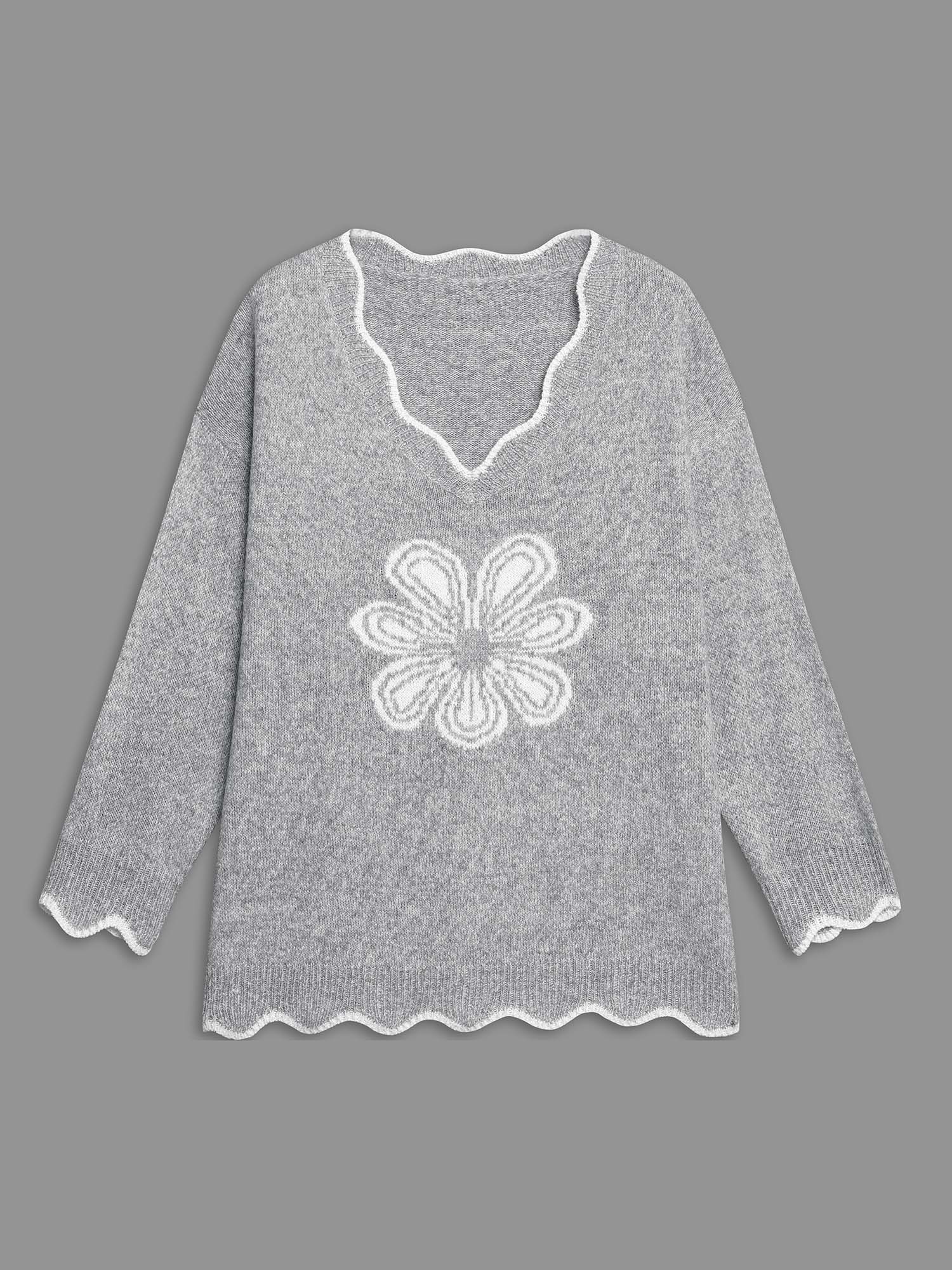 

Plus Size Floral Print Jacquard V-Neck Pullover DarkGray Women Casual Loose Long Sleeve V-neck Everyday Pullovers BloomChic